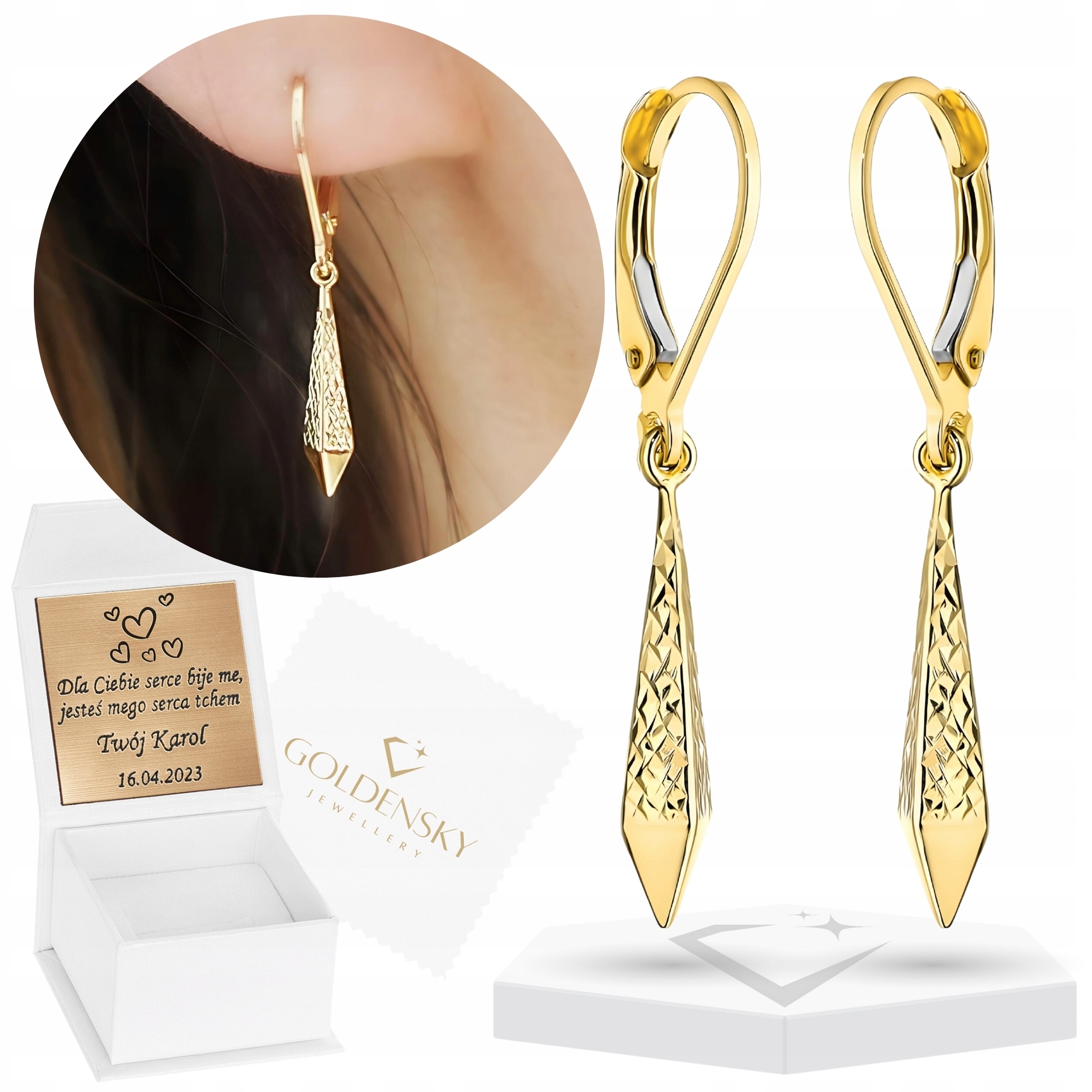 Złote kolczyki wiszące Romby Diamentowane 585