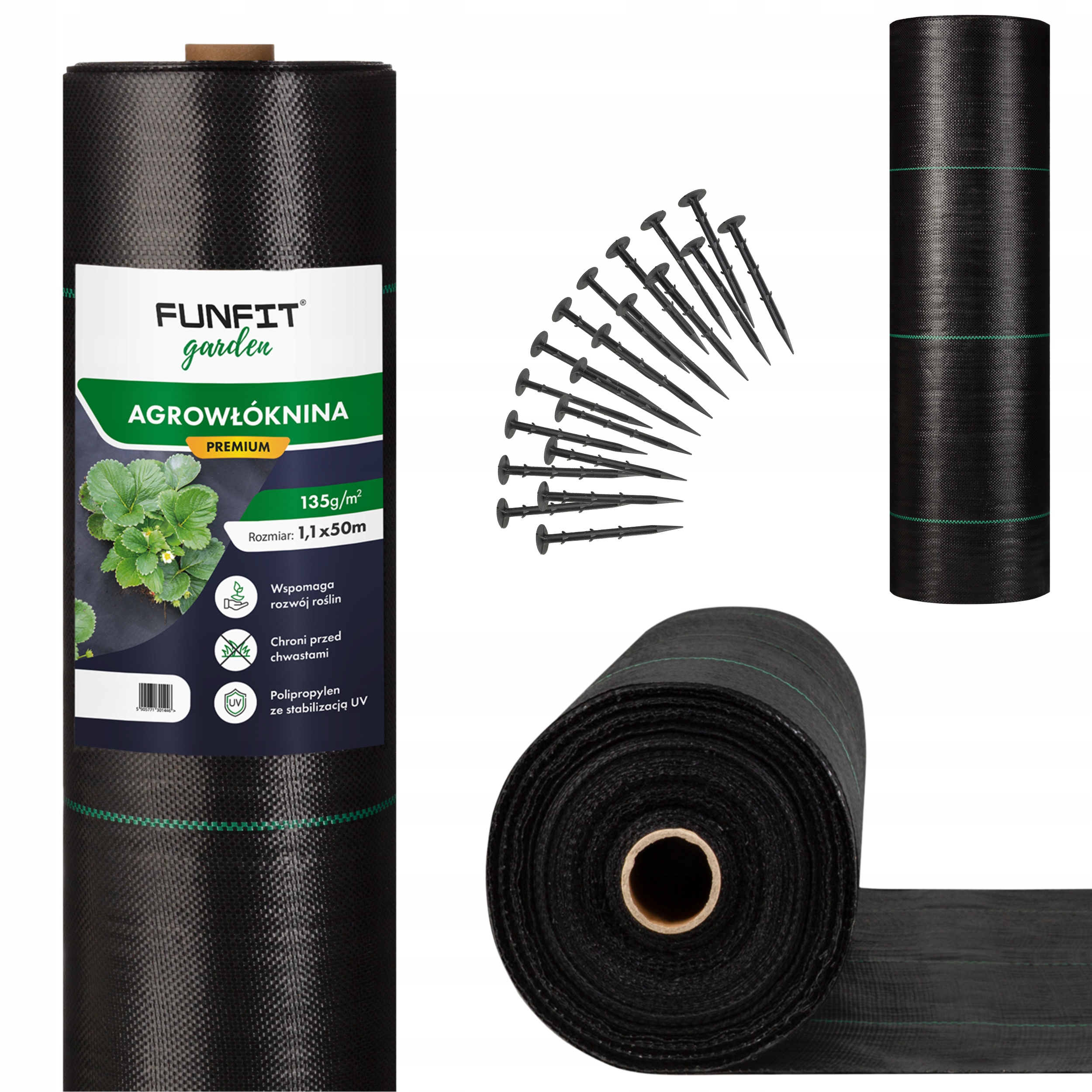 Mocna Agrowłóknina Ogrodowa Czarna 1.1x50m 135gm² Mata Na Chwasty x50 Kotwy