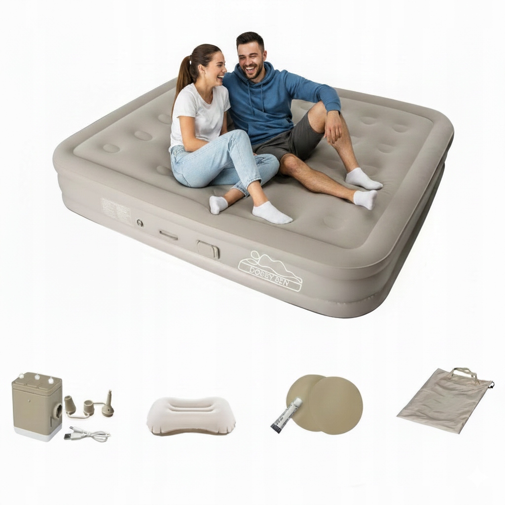 Materac Dmuchany Dwuosobowy Beżowy Z Pompką 200x150x40 Wysoki Do 300 Kg