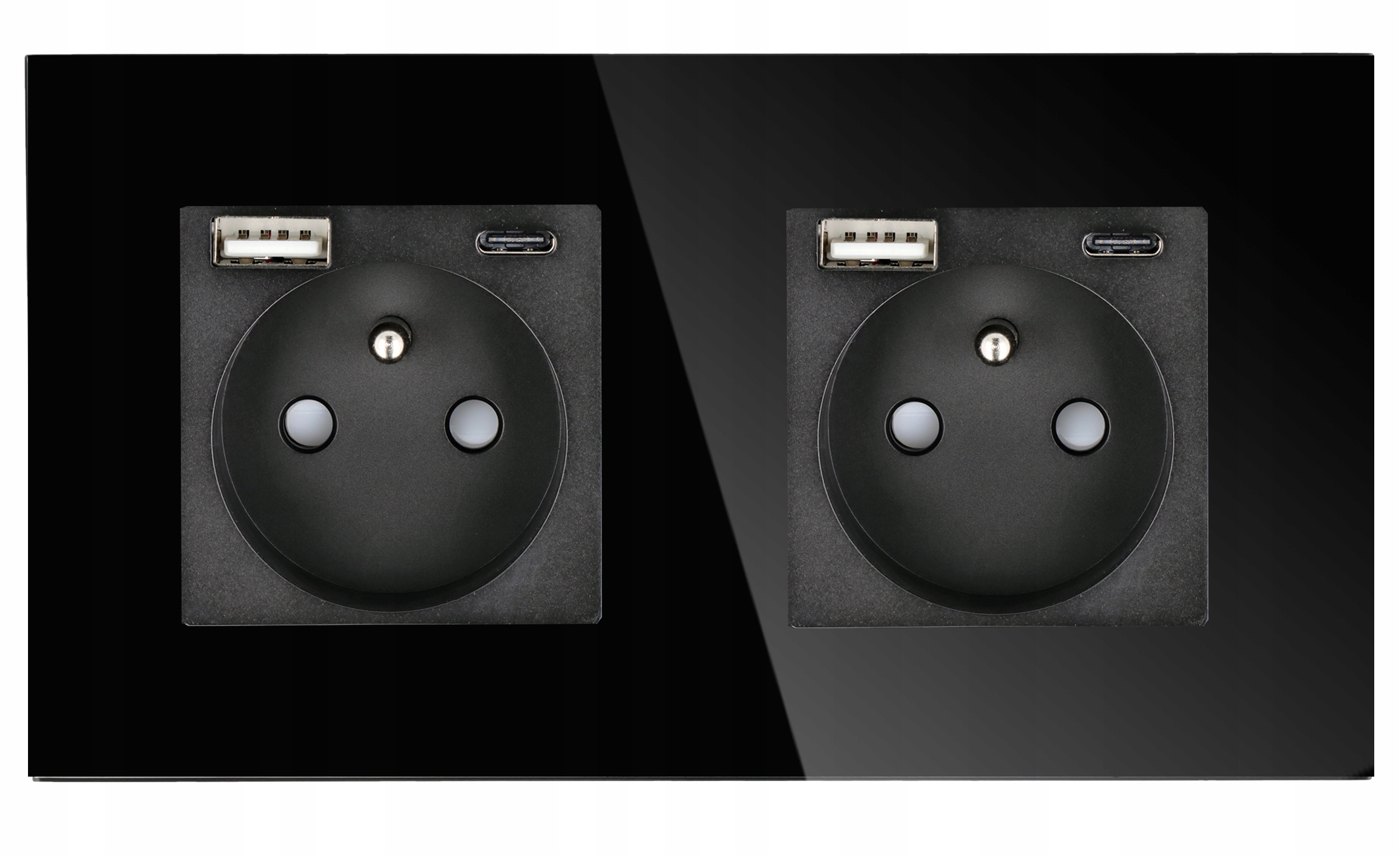 Gniazdko Kontakt z Bolcem Ładowarka Usb A C Czarne Podwójna Ramka 2.1A