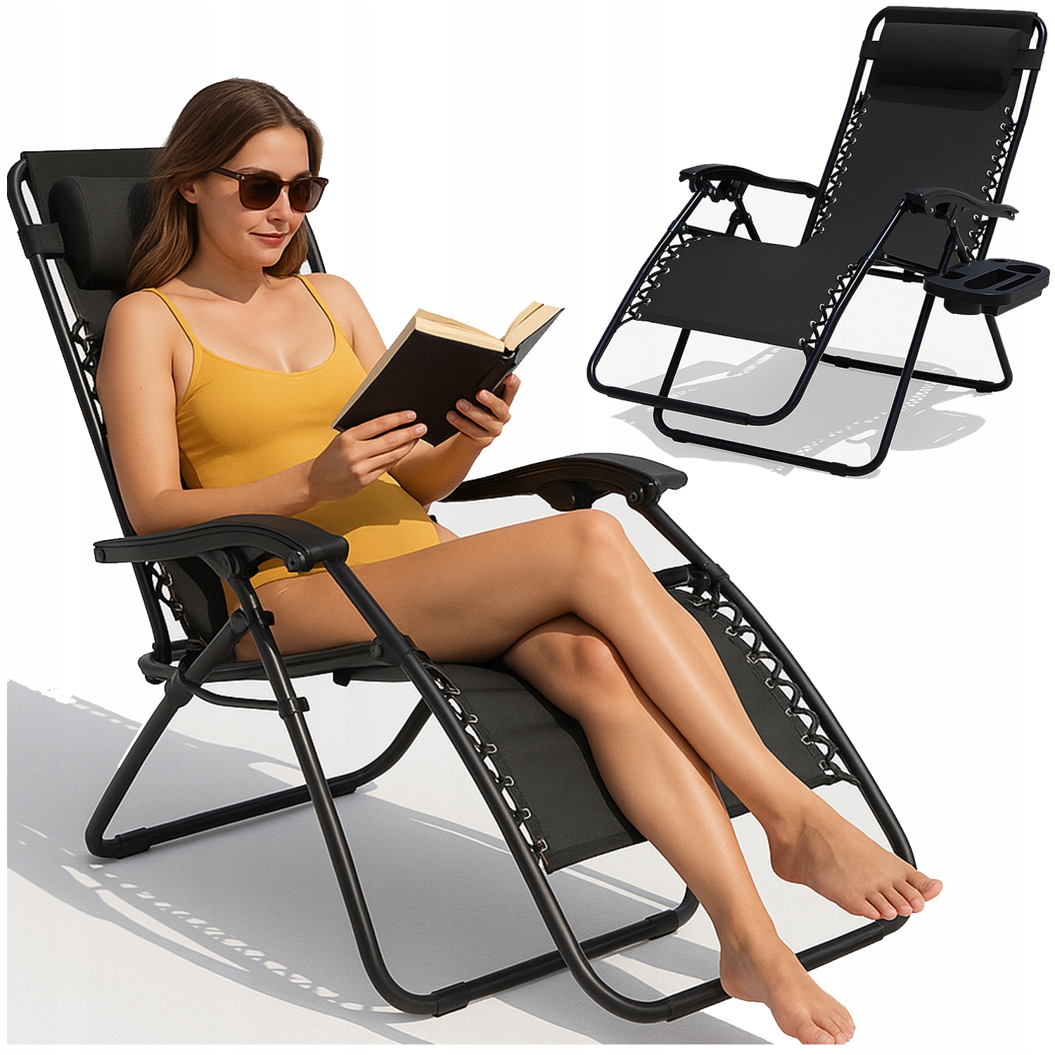 Leżak Składany Ogrodowy Plażowy Regulowany Uchwyt na Napoje Laguna Czarny