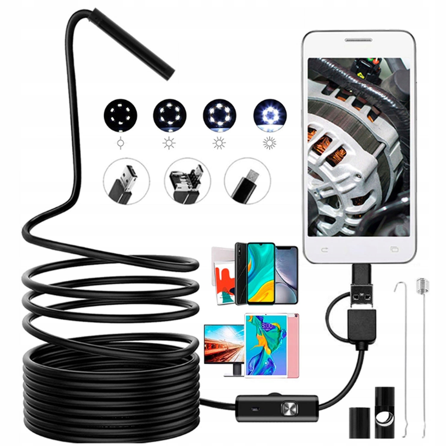 ENDOSKOP KAMERA INSPEKCYJNA 2M USB ANDROID WARSZTATOWA MIKRO LED USB-C 3w1