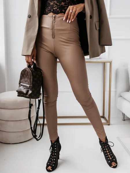 LEGGINSY ELEGANCKIE BEŻOWE ZAMEK EKO SKÓRA S/M Rozmiar S/M