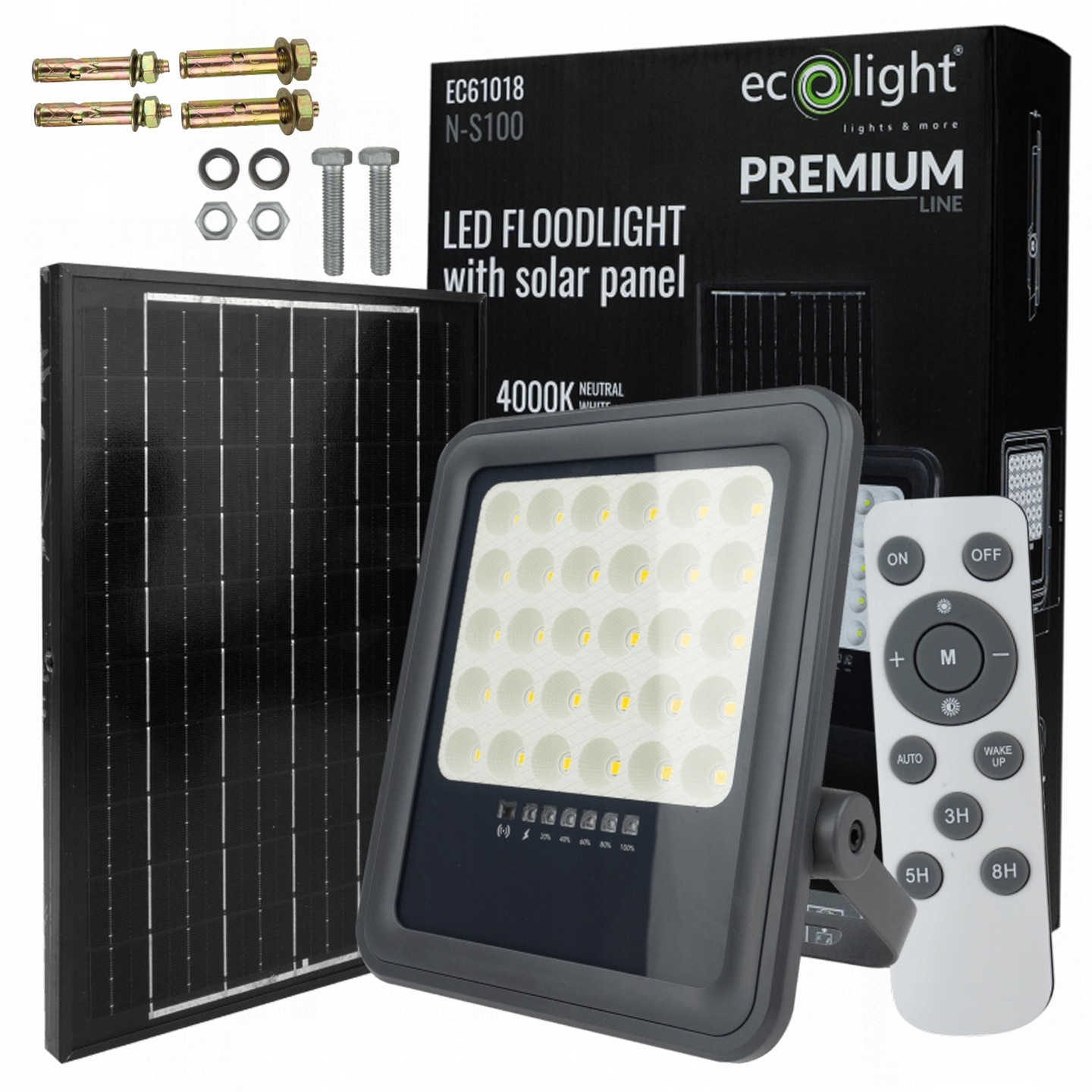 Solární Zářič 100W Led Dálkový Ovladač Montážní Sada Ecolight Neutrální