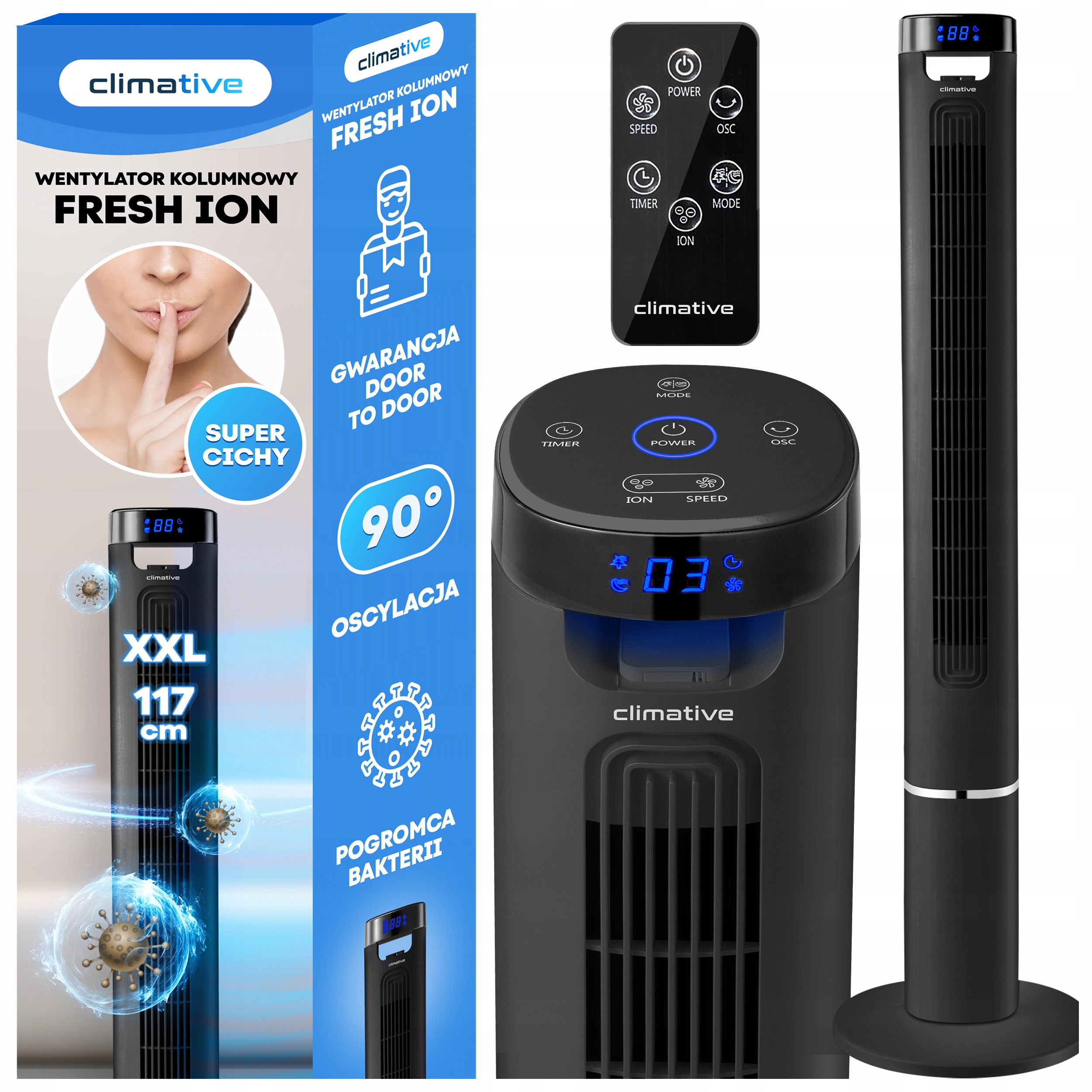 Silný tichý sloupový ventilátor Fresh Ion Ionizátor XXL