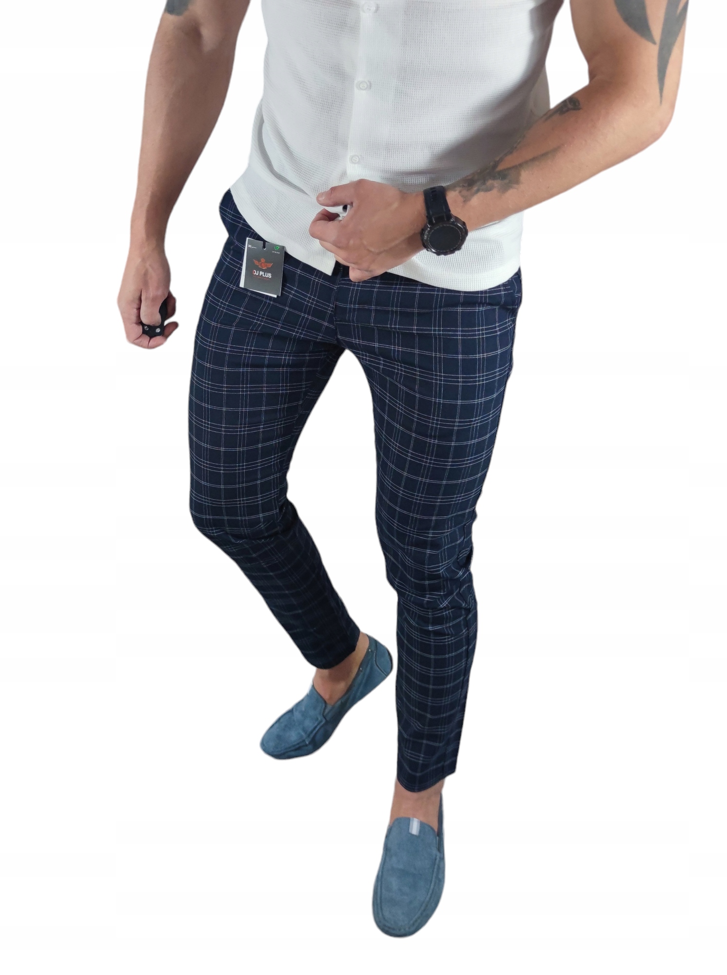 Návštěvní kalhoty slim fit chino tmavě námořnická modrá s kostkovaným vzorem DJ011 W40
