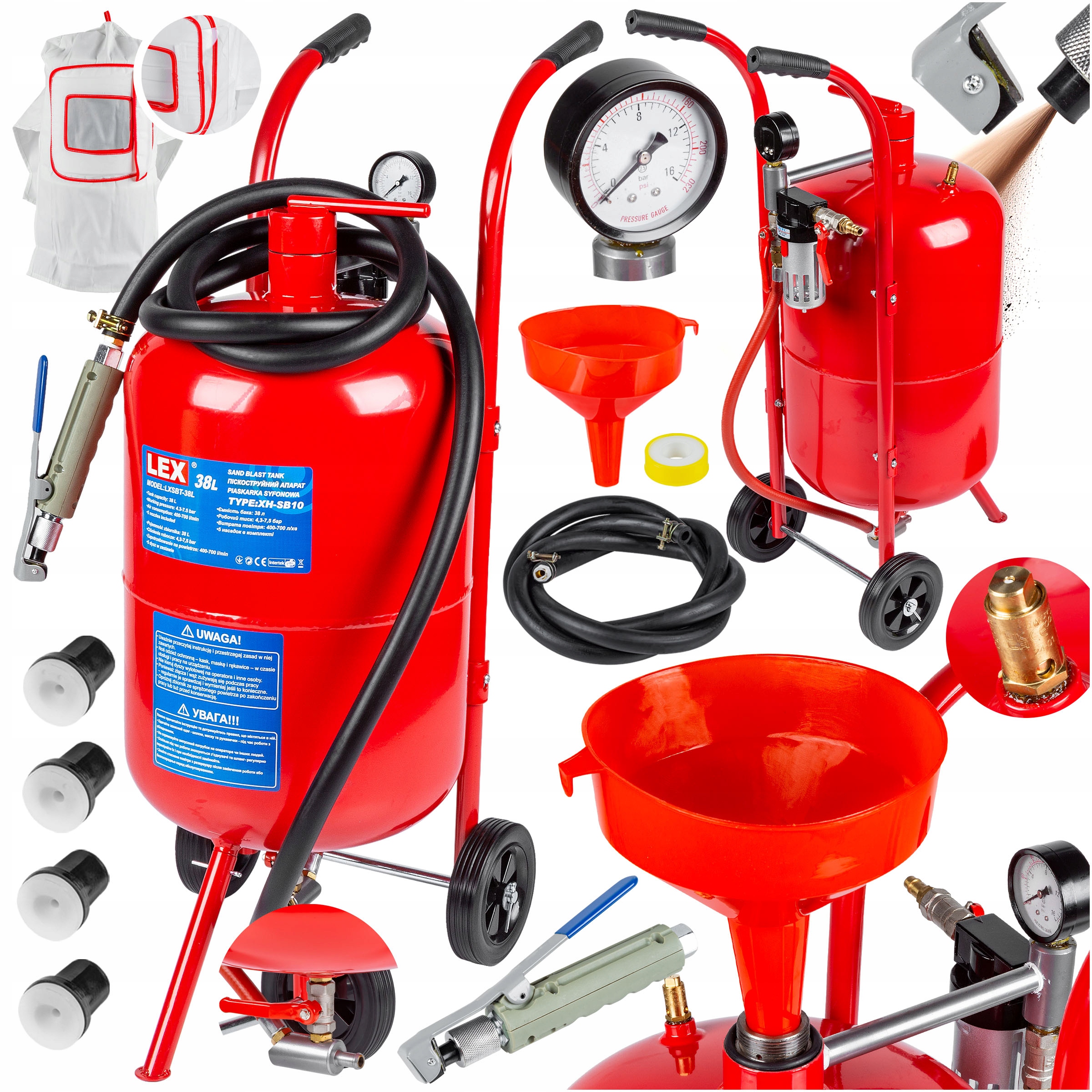 Piaskarka syfonowa MOBILNA 38L pistolet dysze maska ZESTAW DO PIASKOWANIA