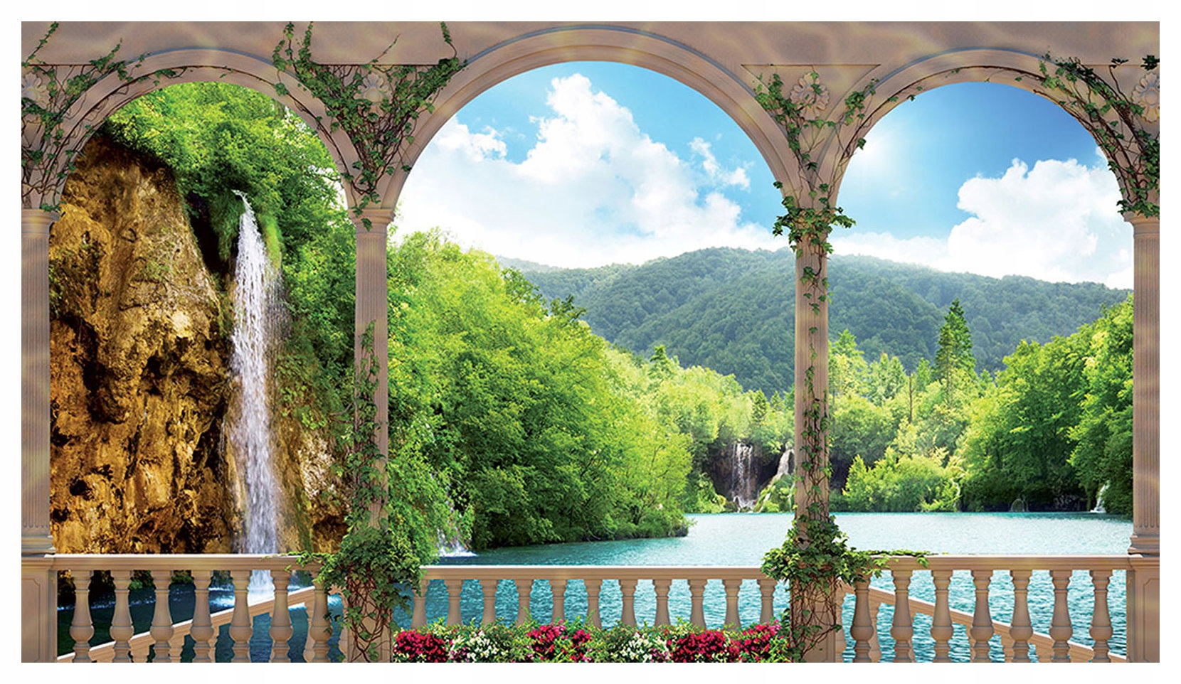 Fototapeta Oblouk Jezero Hory Vodopád Les vinylová 368x254 lepidlo