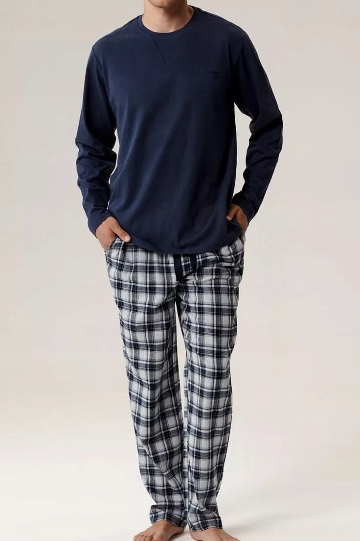 Pánské pyžamo s dlouhým rukávem Atlantic NMP-393 námořnická modrá/šedé [Velikost M]