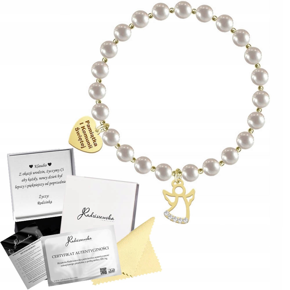 Zlatý Perlový Náramek S Andělem A Srdcem Gravírování Dárek K Přání Bonus