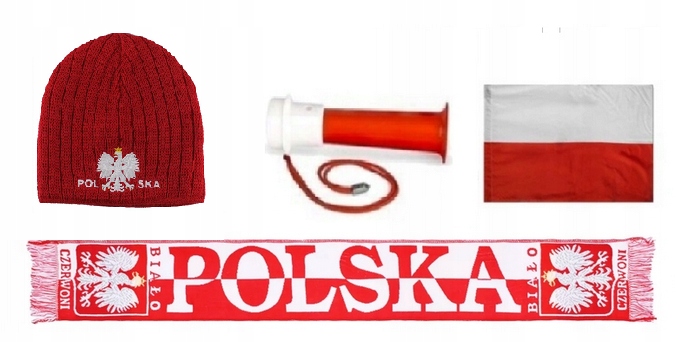 Polska Zestaw kibica Polska reprezentacji szalik czapka zimowa trąbka flaga
