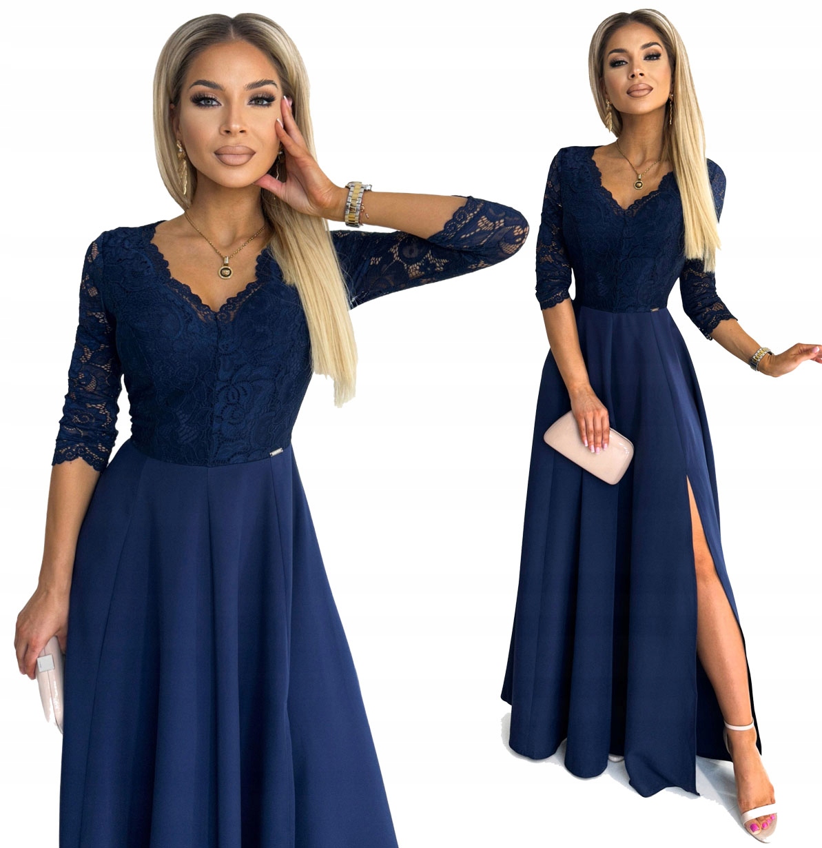 Krásné Dlouhé Šaty S Krajkovým Výstřihem, Večerní, Tmavě Modrá Barva