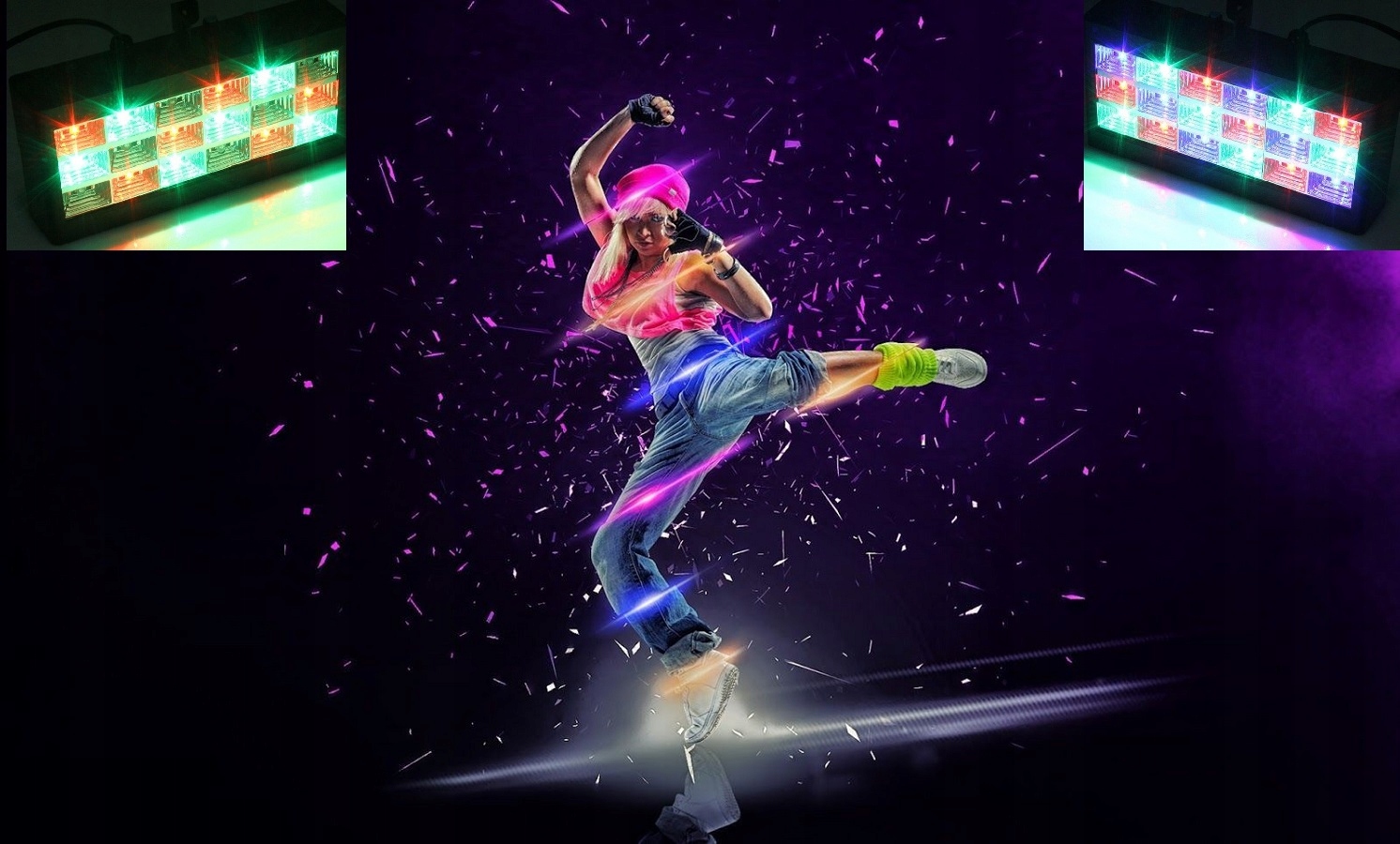 KOLOROFON STROBOSKOP 18 LED DUŻY REFLEKTOR DYSKOTEKOWY CZUJNIK DŹWIĘKU Zasilanie sieciowe