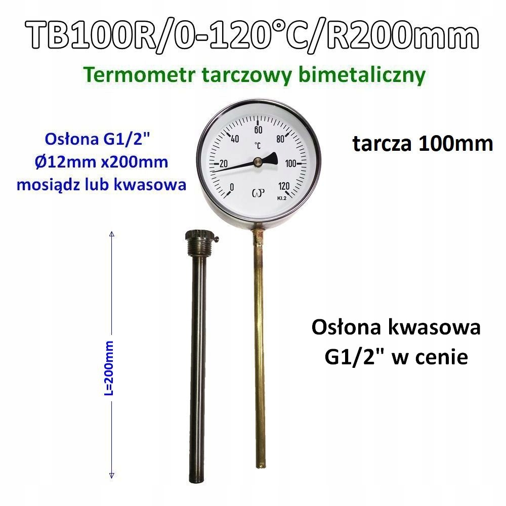 TB100R 0-120°C R200 mm kyslá krytka G1/2" bimetalický teplomer 100 mm