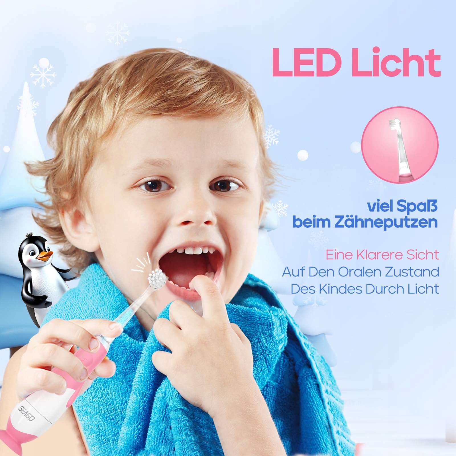SEAGO Szczoteczka Elektryczna Dla Dzieci LED IPX7 Miękka Końcówka — miniatura 2