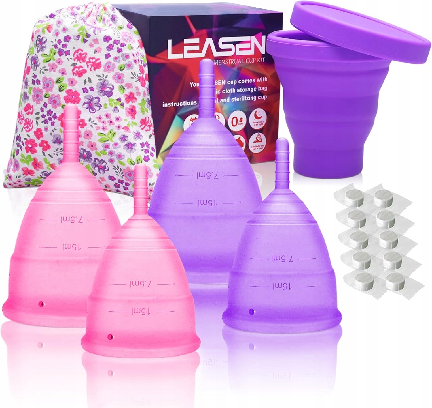 4 Kubeczki Menstruacyjne Zestaw Silikonowe Różowo-fioletowe Rozm S L