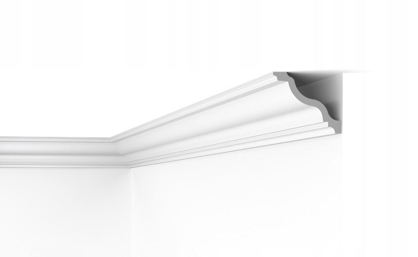 stropní lišta jednoduchá, tvrdá, hladká, úhlopříčka 13 cm, fazeta, římsa, blenda