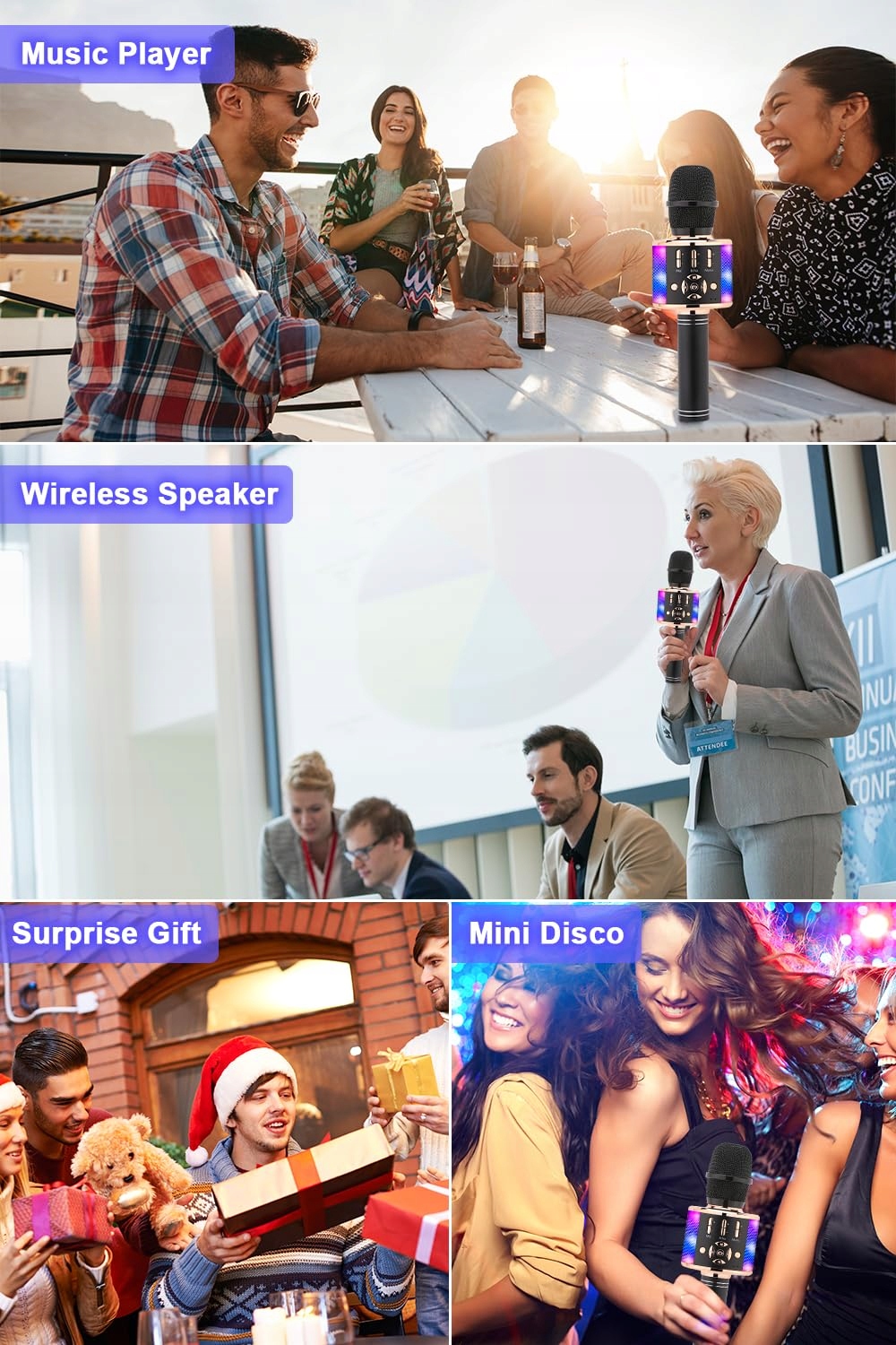 BONAOK Mikrofon Dla Dzieci Bezprzewodowy Karaoke Bluetooth 4w1 Czarnozłoty — miniatura 7