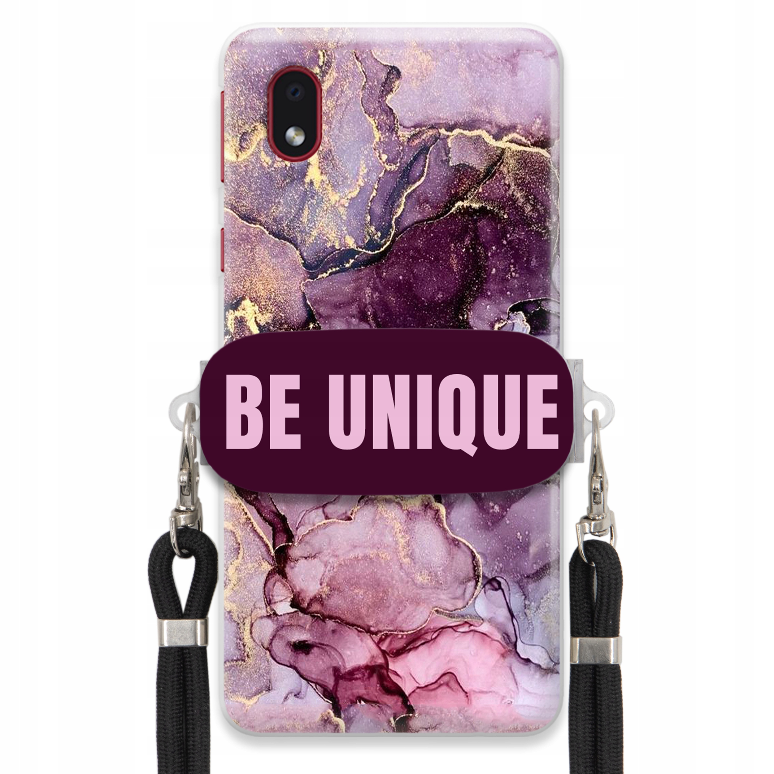 Puzdro pre Samsung A01 Core držiak na šnúrku Čierna Fialová Mramor Be Unique