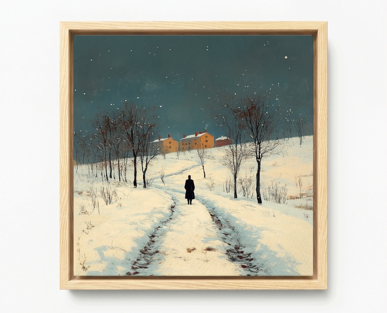 Obraz Rám Americký Box Krajina Zima Sníh Cesta Stromy Člověk Domy 60x60