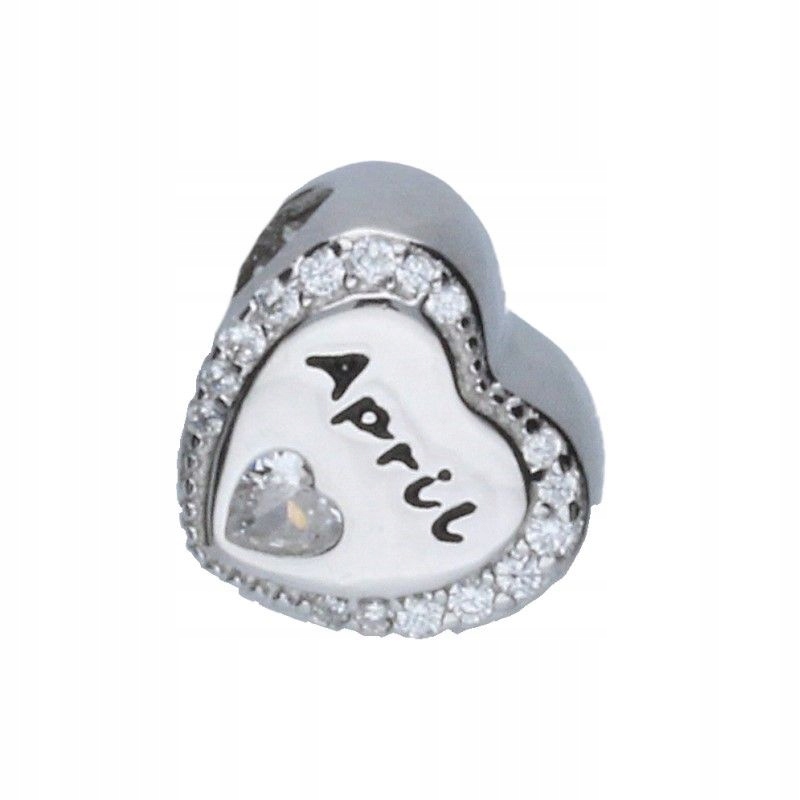 Stříbrný přívěsek srdce na náramky z korálku 925 zirkony nápis April