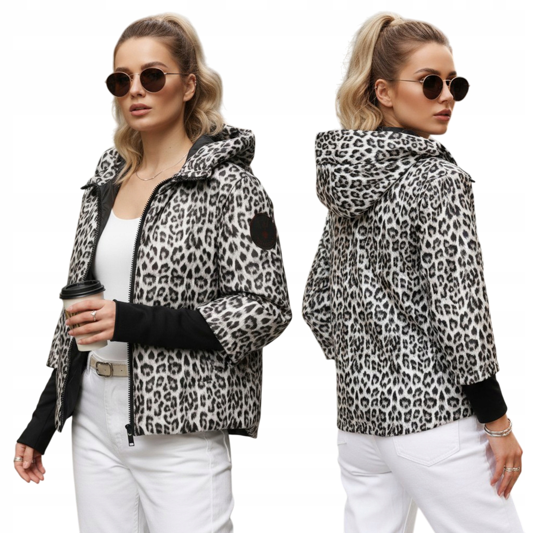 Kurtka damska przejściowa z kapturem w panterkę biała TY5548 XL