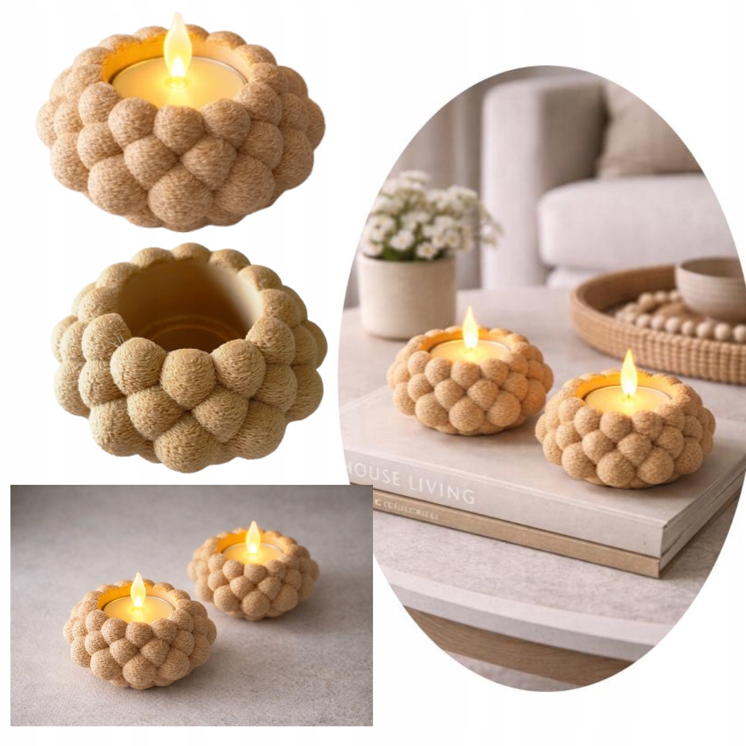 NOWOCZESNY ŚWIECZNIK 3D TEALIGHT DEKORACYJNY MODERN BEŻOWY + ŚWIECZKA LED