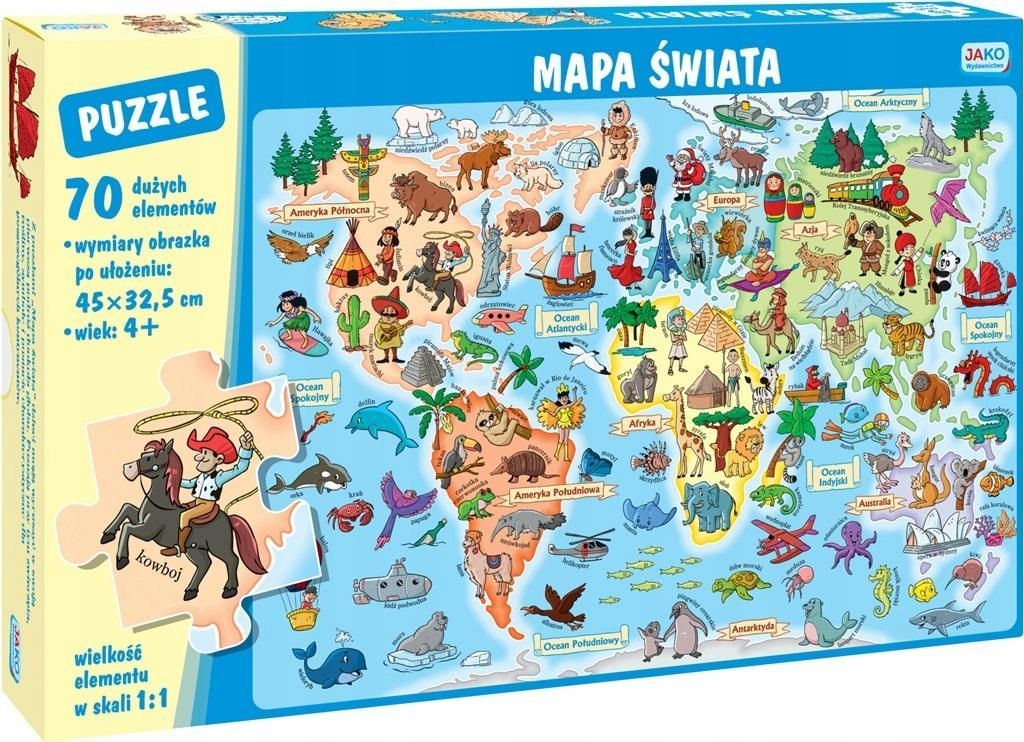 

Puzzle 70 Elementów. Mapa Świata, Wydawnictwo Jako