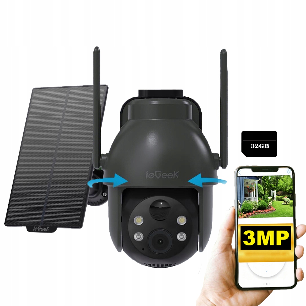 Solární otočná kamera 4x Zoom 2K detekce těla Pir 360° z karet 32 Gb