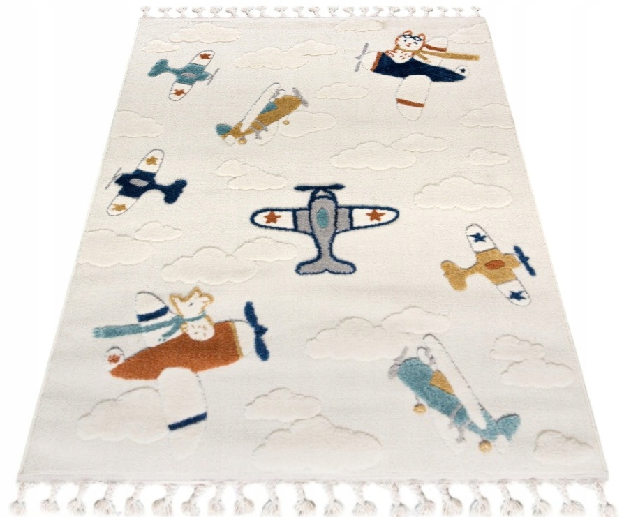 Dywan Buffo Aereo 160x220 3D sensoryczny w samoloty w stylu boho z fedzlami