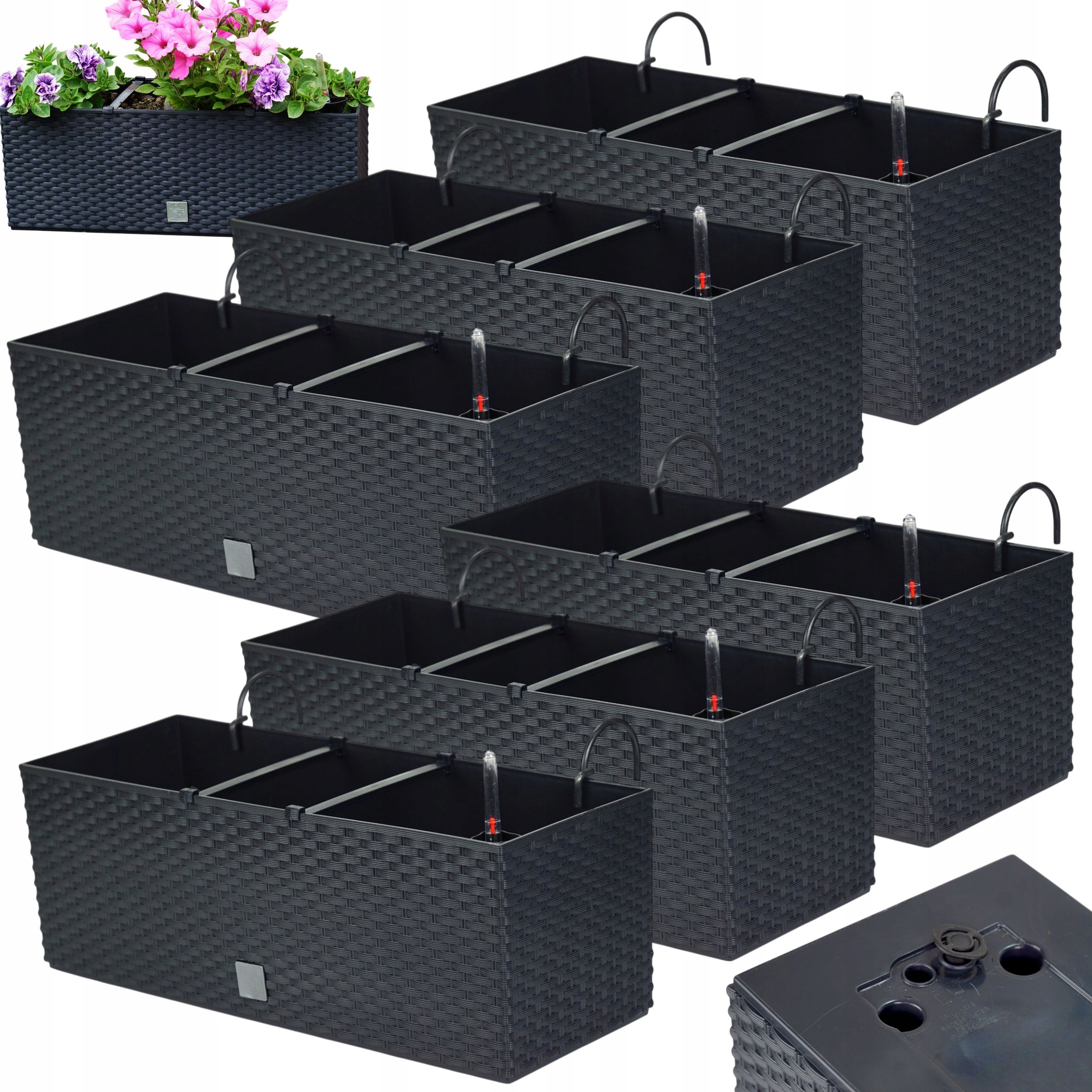6 x Balkónový kvetináč 51 cm úchytky háčiky, zavlažovač, box na balkón
