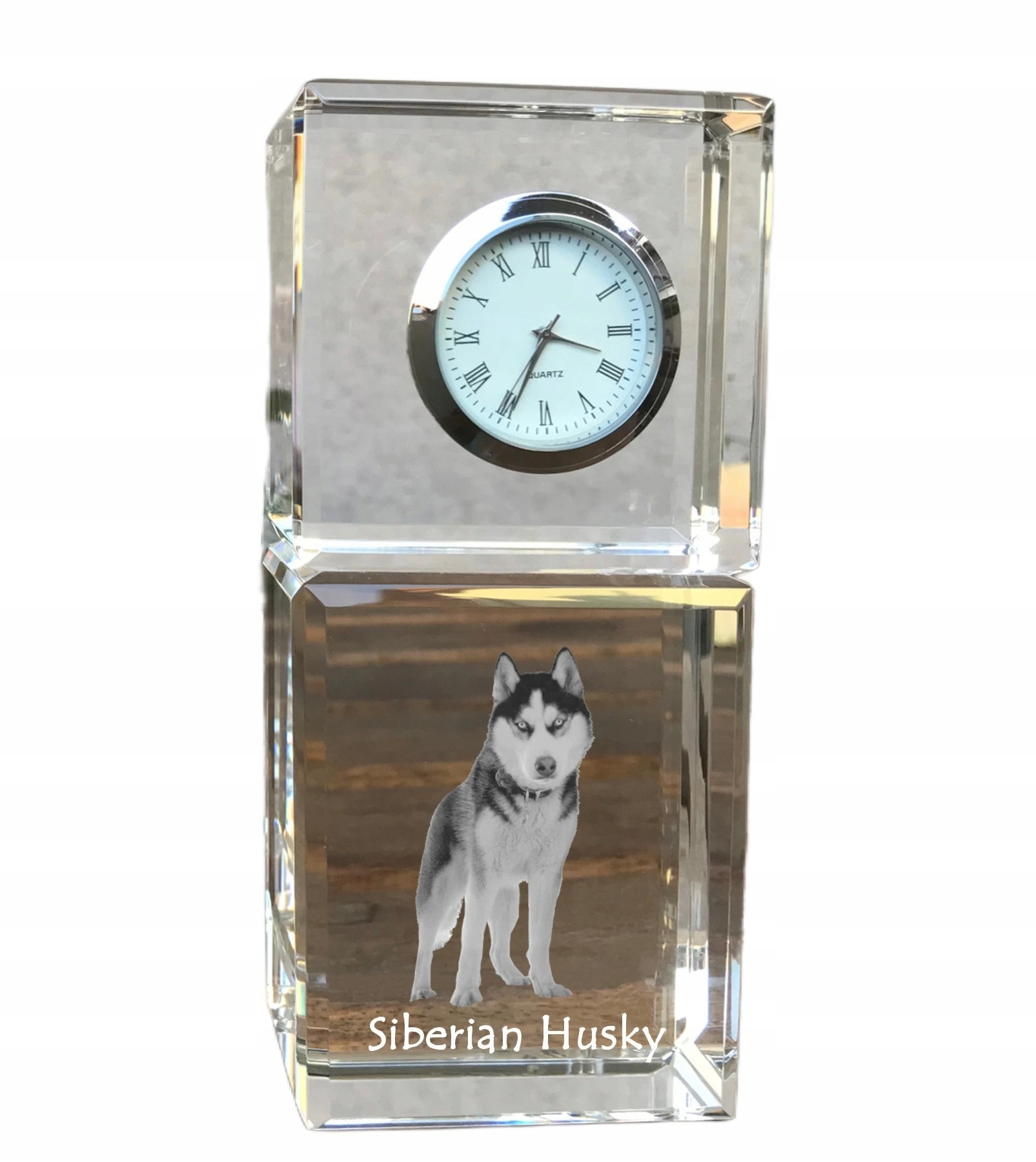 Husky sibírske krištáľové stolové hodiny so psom, s vašou fotografiou