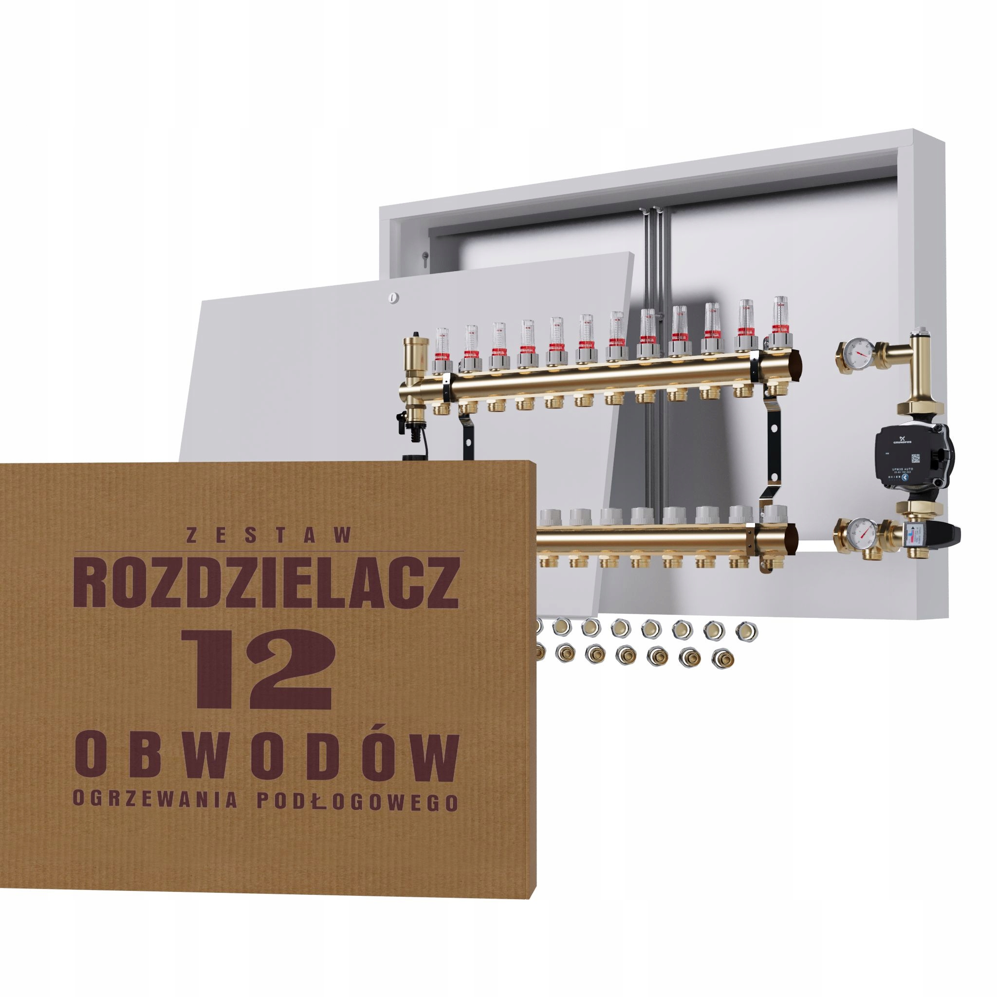 Rozdělovač pro podlahu 12 sekcí s čerpadlem GRUNDFOS+nástěnná skříňka+PEX