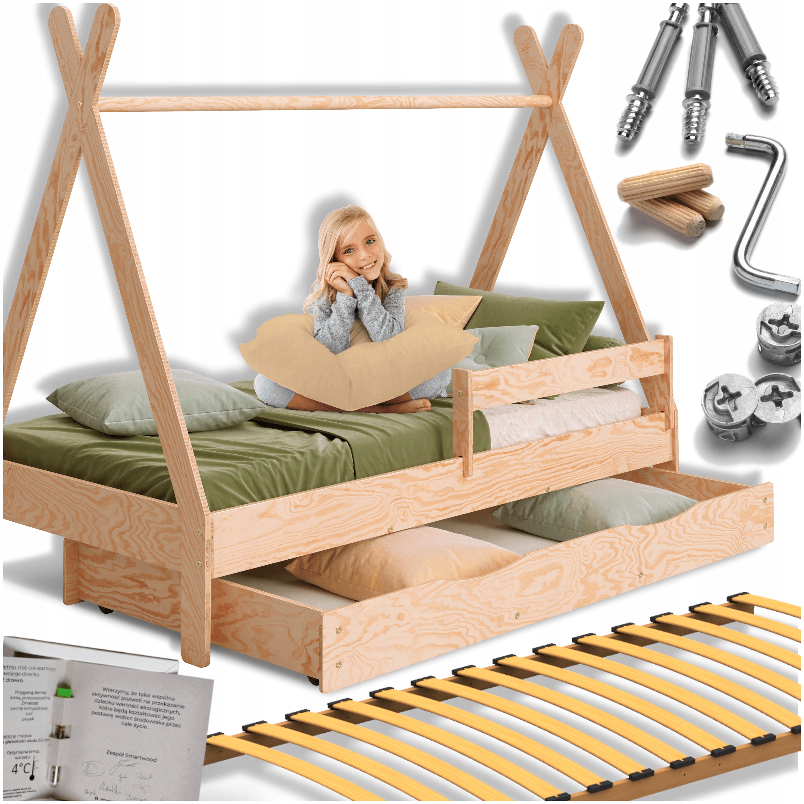 Łóżko Dziecięce z Szufladą Domek Tipi 200x80 Drewniane z barierką stelaż