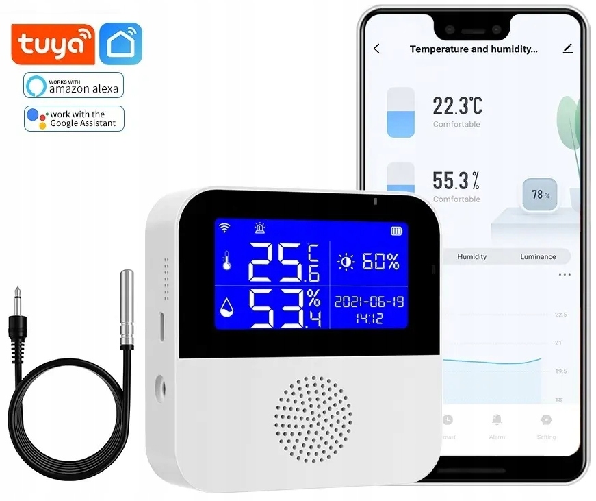 Snímač Teploty Vlhkost Světla Teploměr Sonda WiFi Tuya