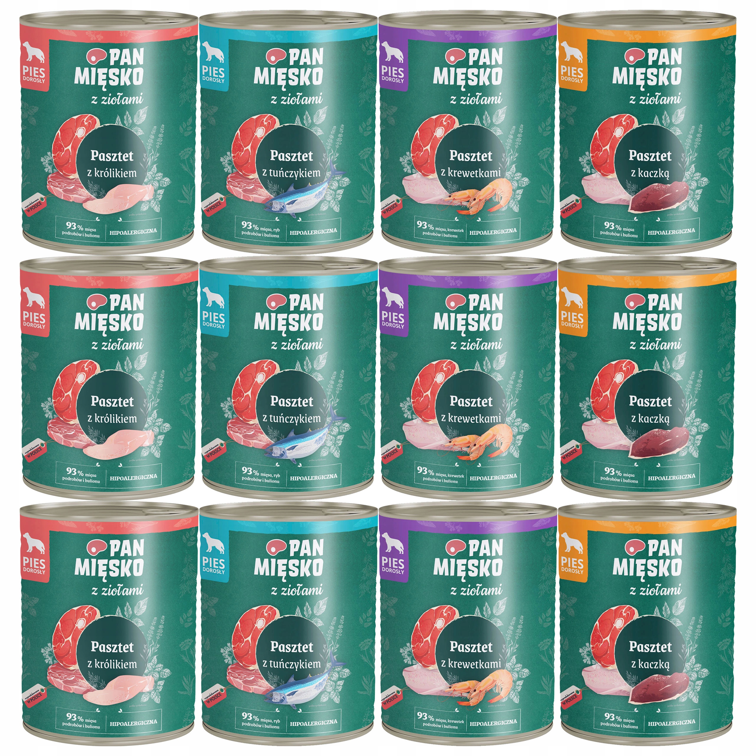 Levně Pan Mięsko s bylinkami krmivo pro psy Paštika mix chutí 12 x 800 g