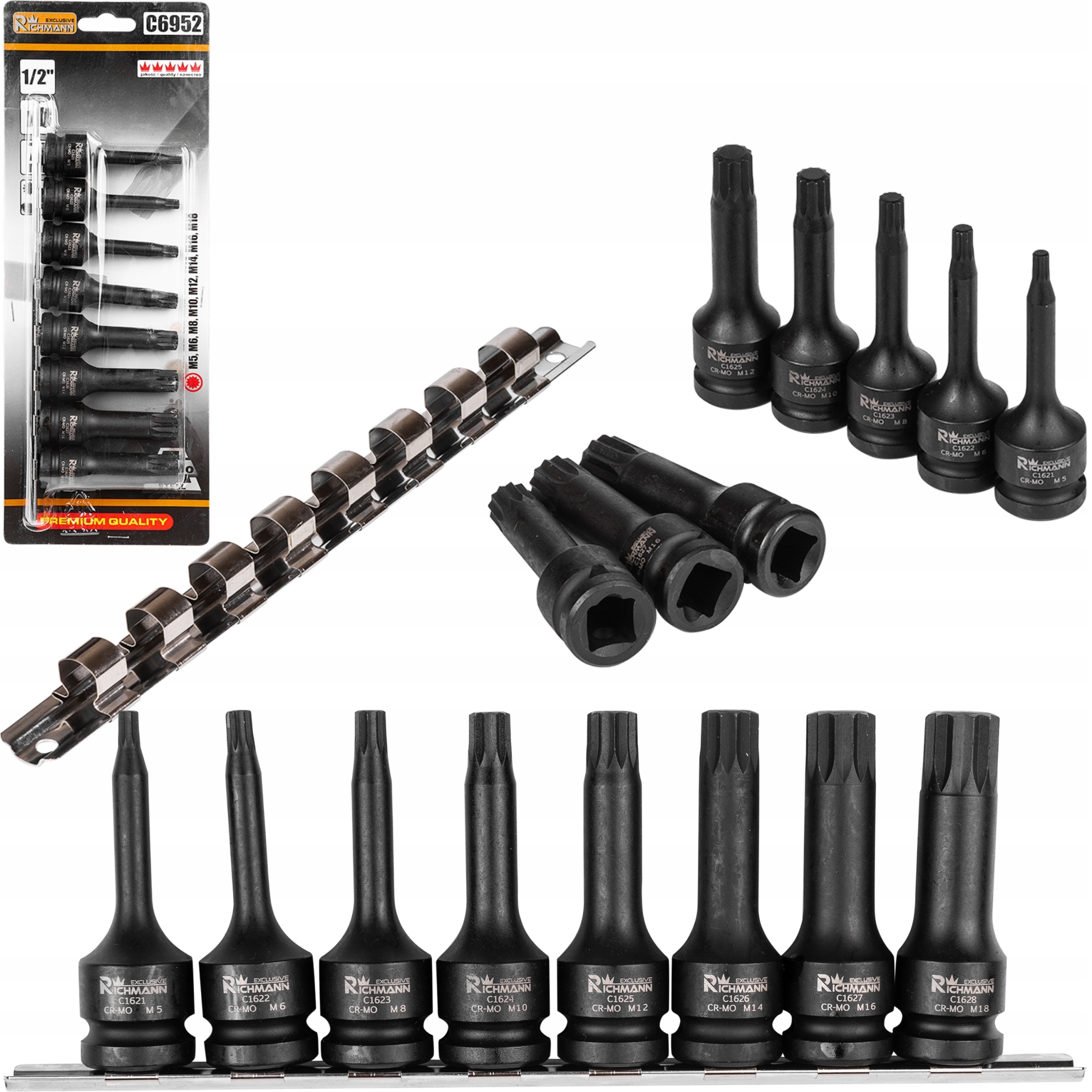 ZESTAW 8EL NASADKI UDAR SPLINE 1/2 M5-M18 + LISTWA Typ 4-kątna