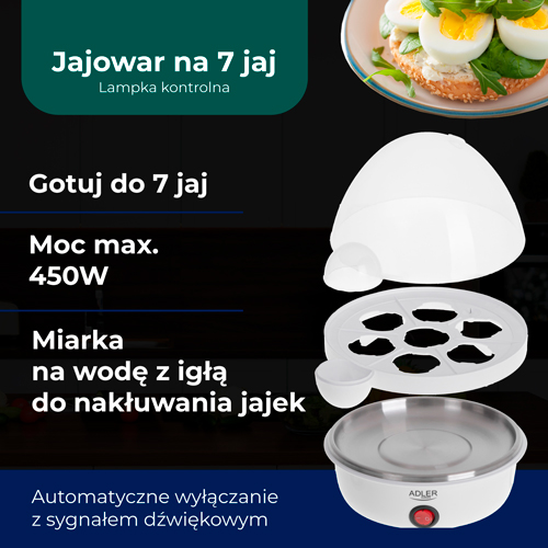 Jajowar AD4459 na 7 jaj - Automatyczne gotowanie na miękko, średnio, twardo