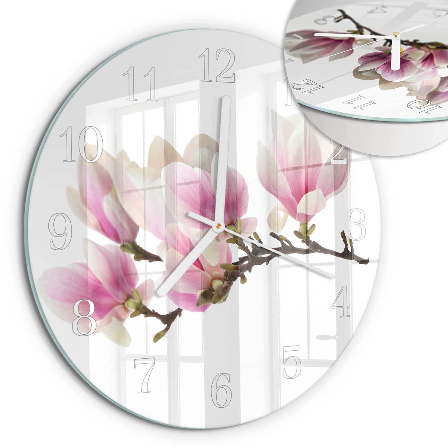 Kulatý fotonástěnný skleněný hodinový stroj pro moderní interiéry Magnolie fi30 cm