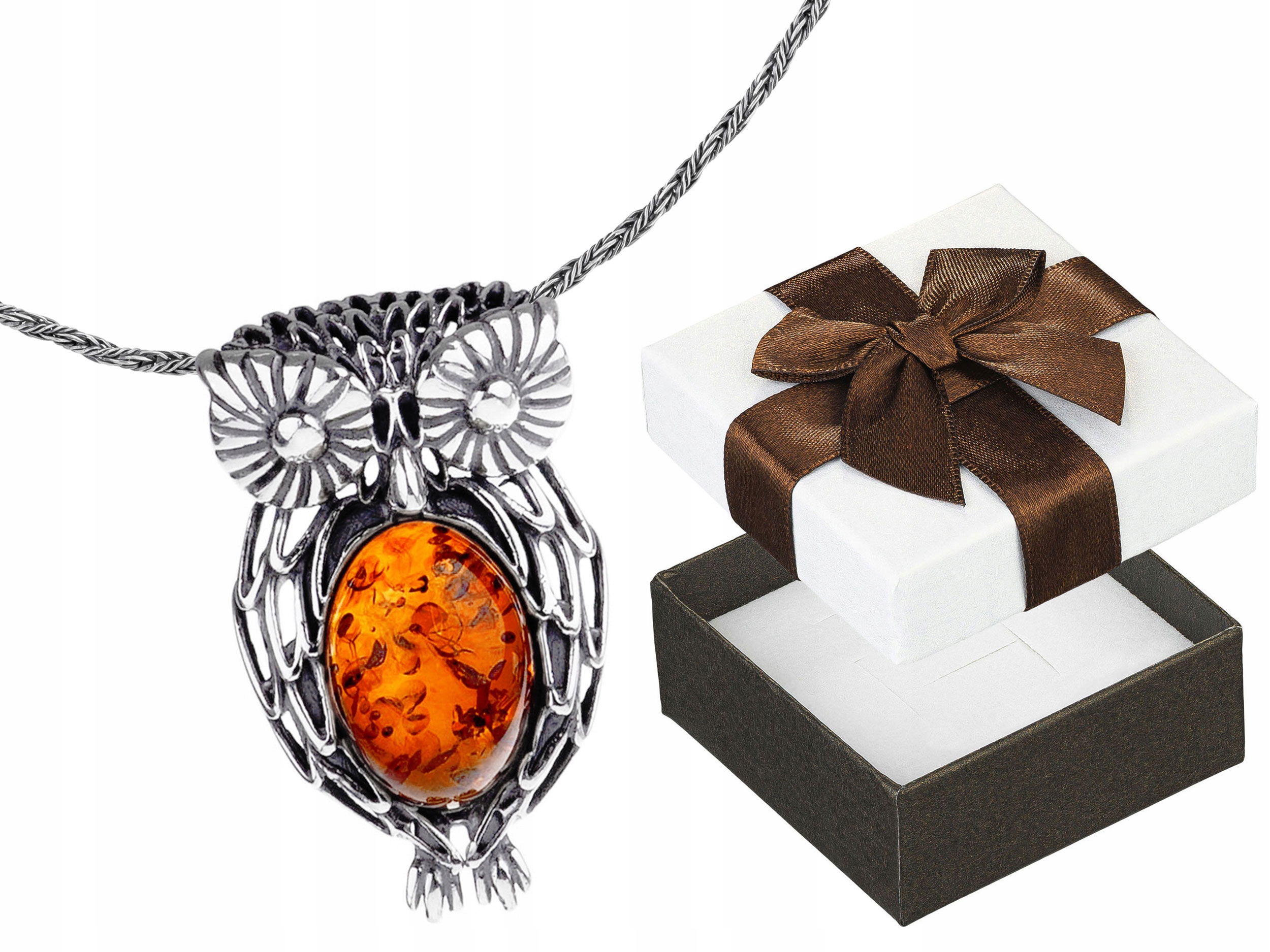 Velký dlouhý stříbrný dámský náhrdelník Pták Sova s jantarem Stříbro 90 cm