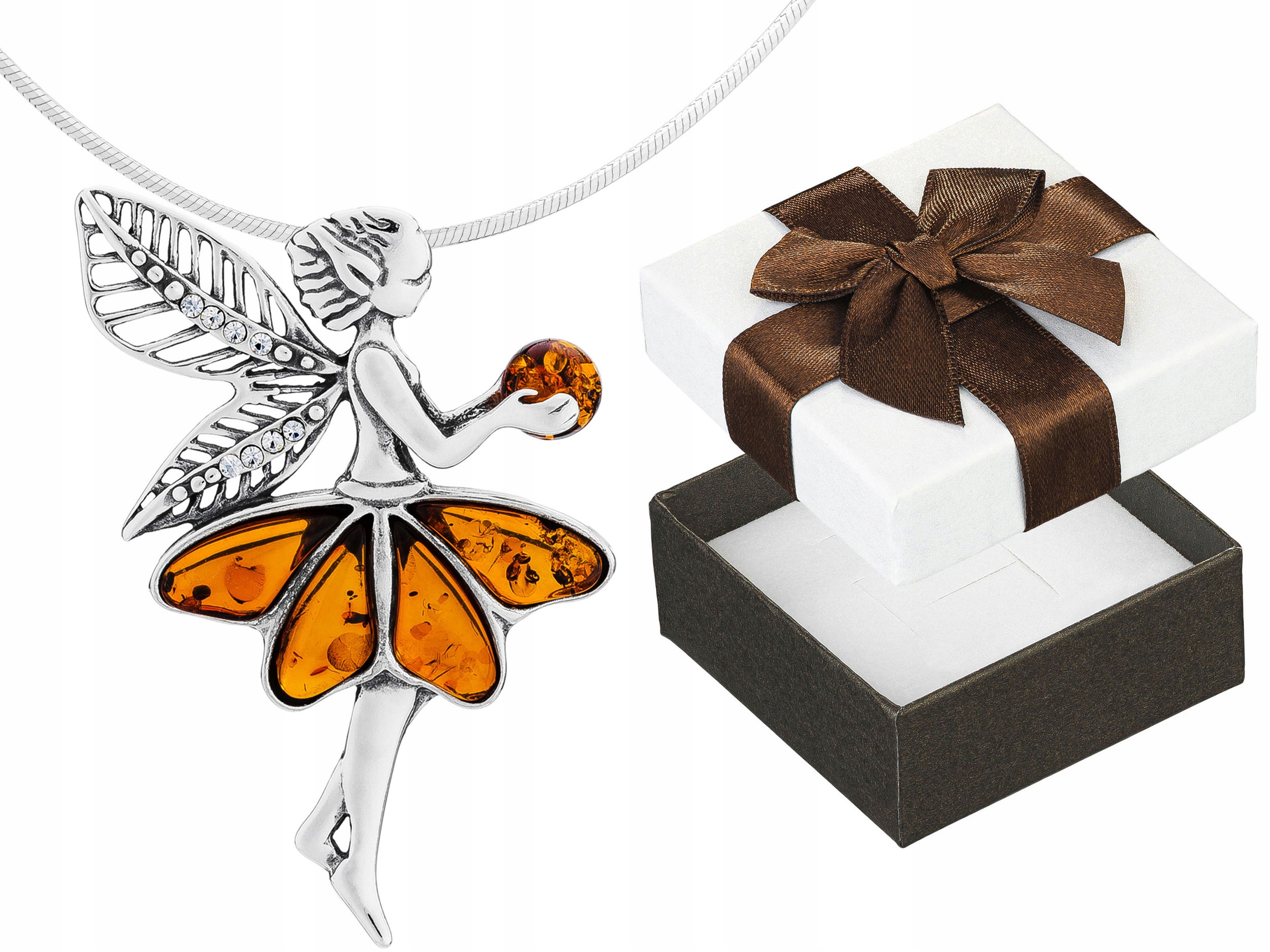 Krátký Stříbrný Velký Náhrdelník Elf s Jantarem a Zirkony Víla Stříbro 42