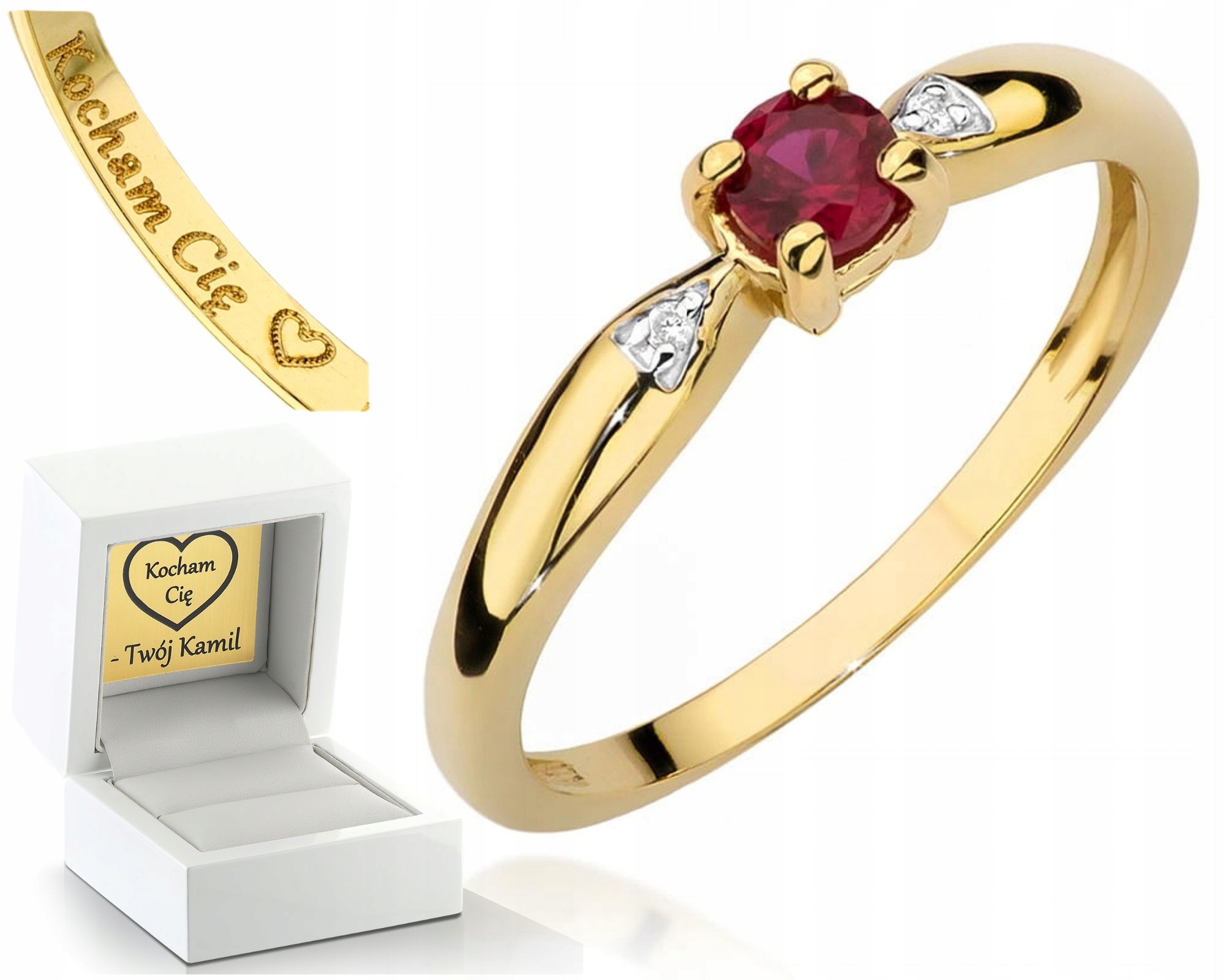 Zlatý Prstýnek Prsten S Rubín , Diamanty, Žluté Zlato 585, Dárek , Gravírování