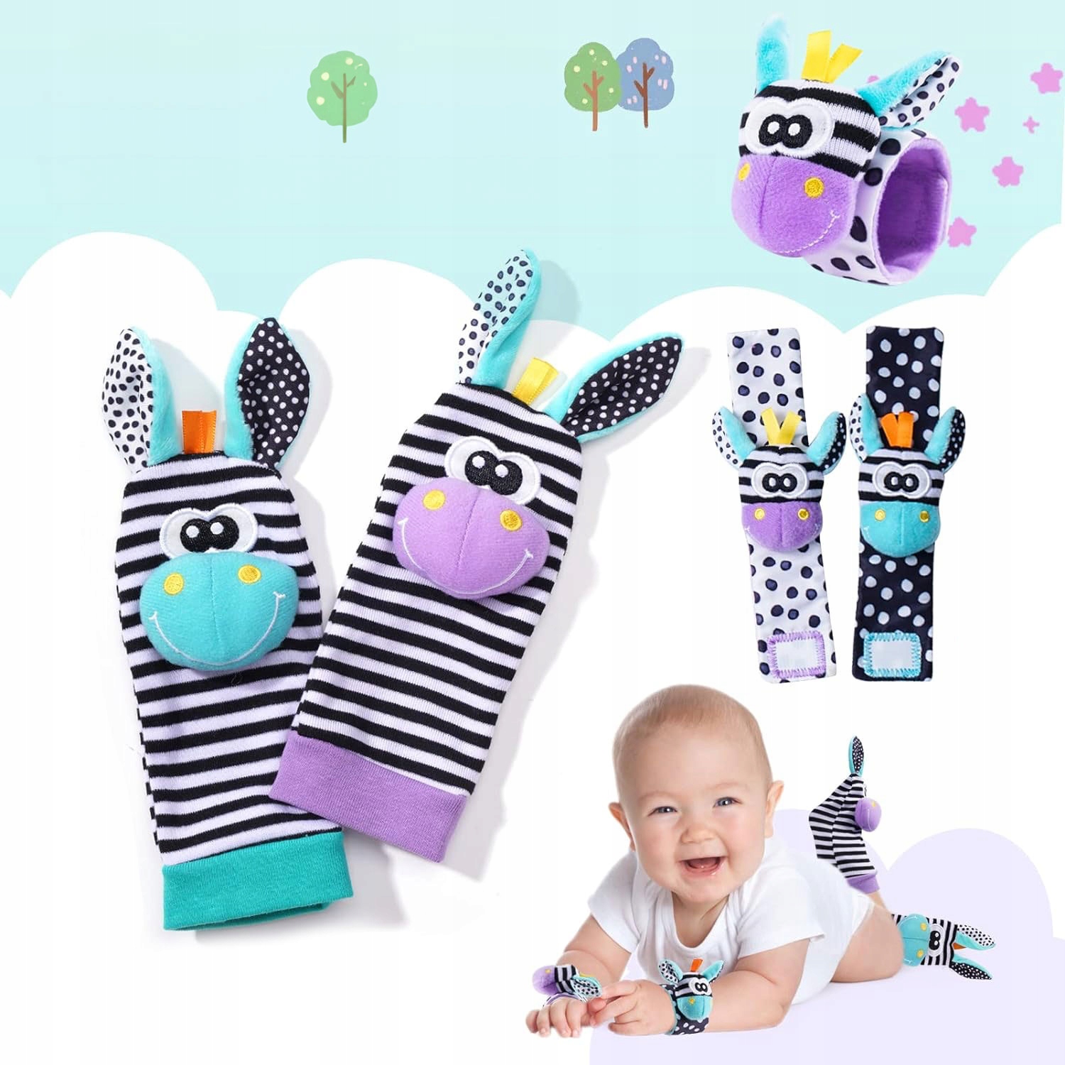 4x SKARPETKI 3D OPASKI NA RĄCZKI GRZECHOTKI SOZZY ZABAWKA SENSORYCZNA Liczba sztuk w ofercie 4 szt.