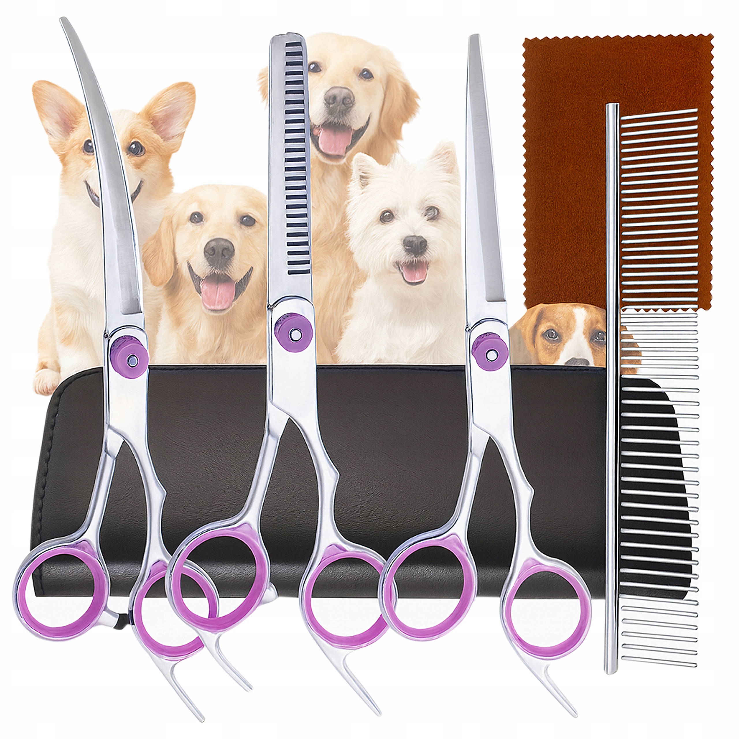 Levně Profesionální nůžky na stříhání zvířat psů a koček Sada 4 kusů Pouzdro