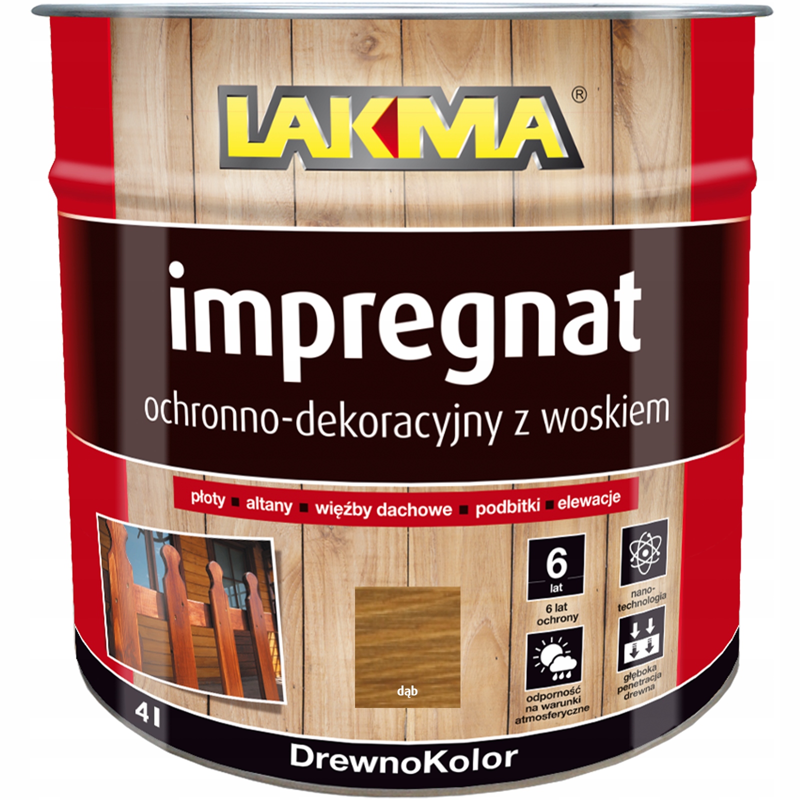 Lakma Impregnat Ochronno-dekoracyjny z Woskiem do Drewna Płotu Dąb 4L