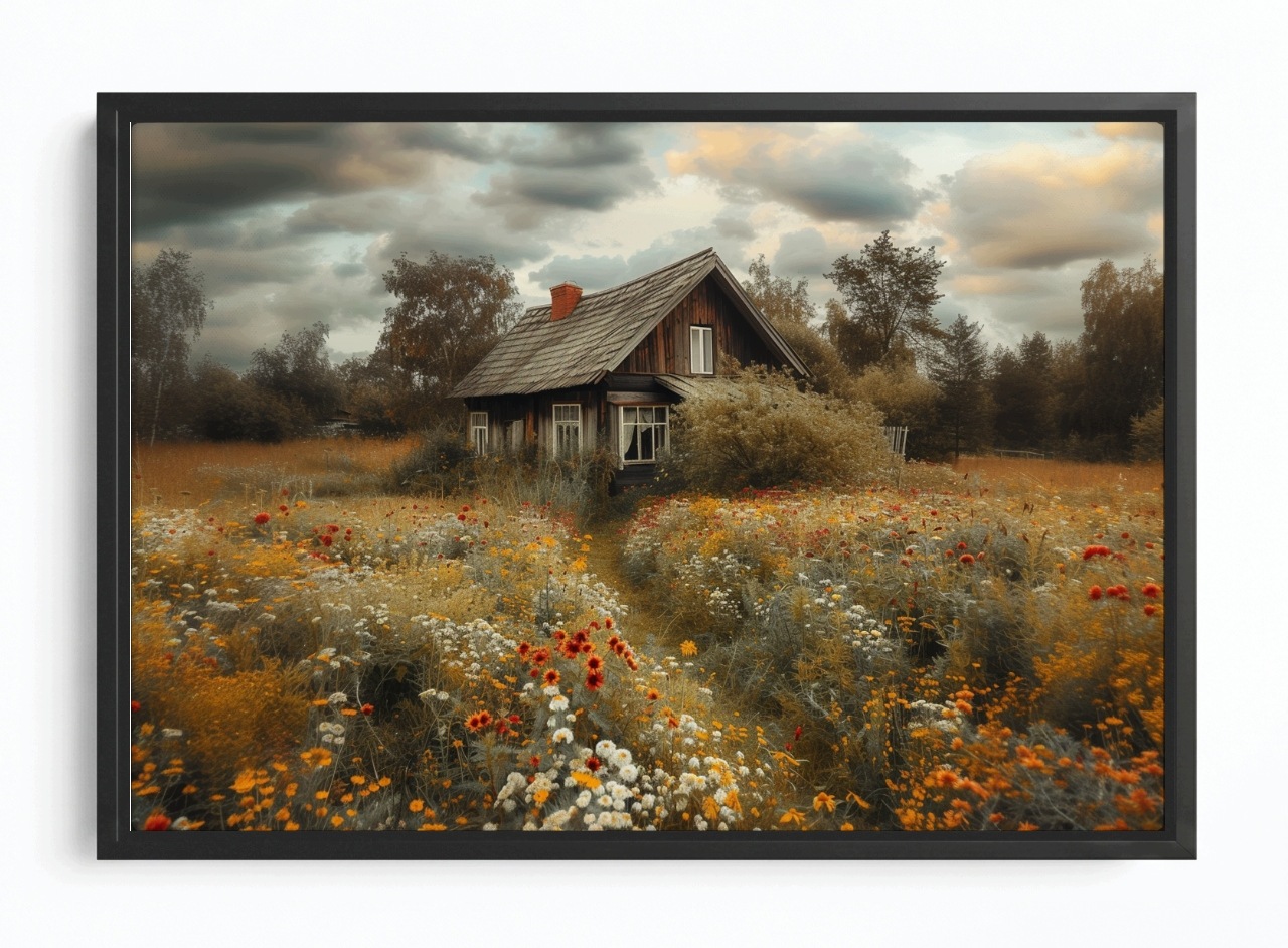 Obraz Rám Americký Box Domek Chat Louka Vesnice Podzim Květiny Příroda 120x80