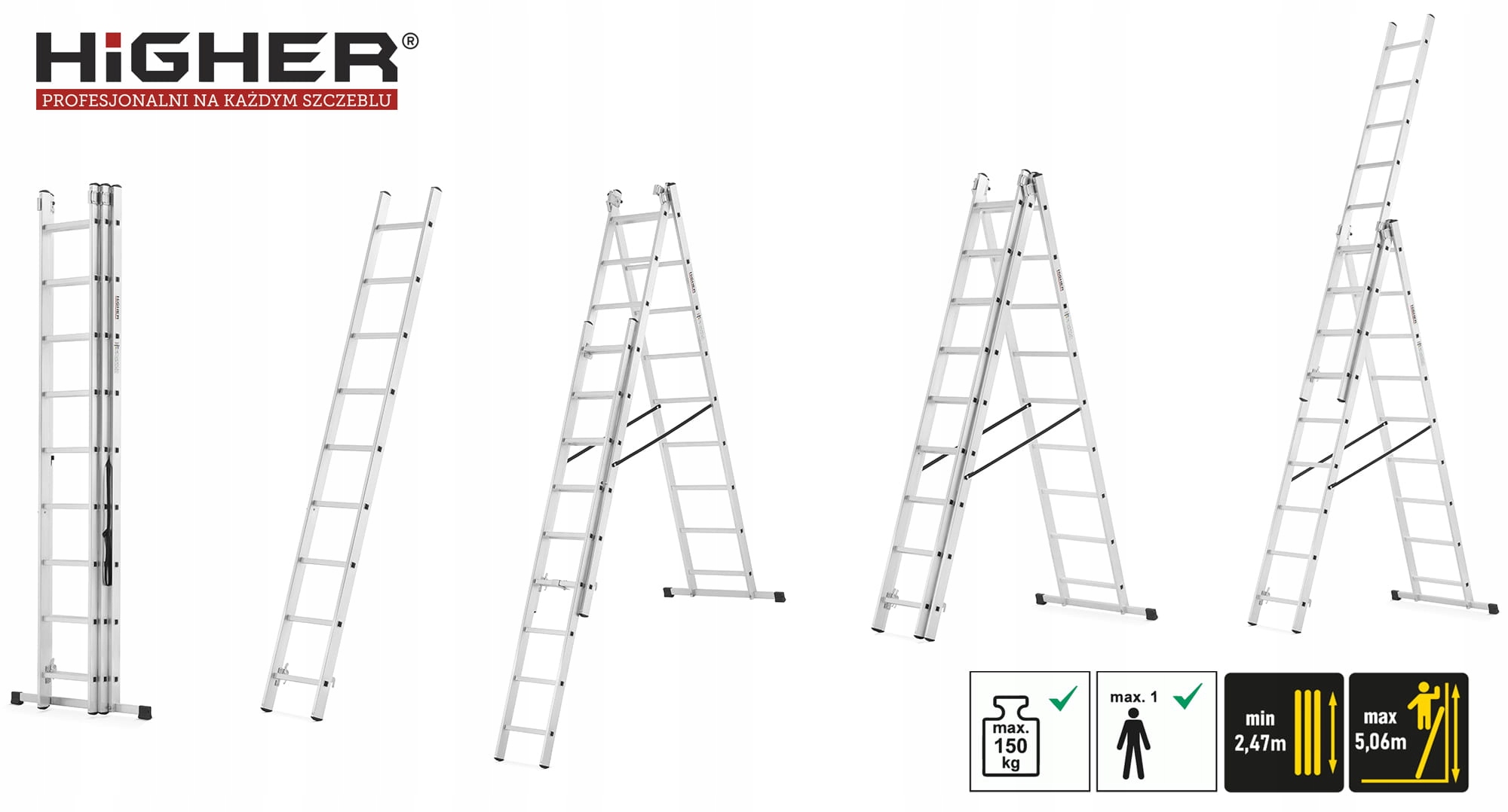 Drabina aluminiowa wielofunkcyjna z adaptacją na schody 3x9 HIGHER 150kg — 16