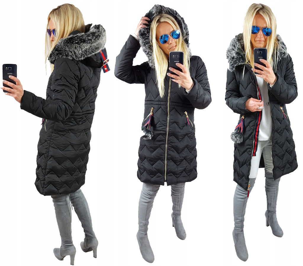 

Pikowany Długi Płaszcz Kurtka Zygzak Parka Futro S