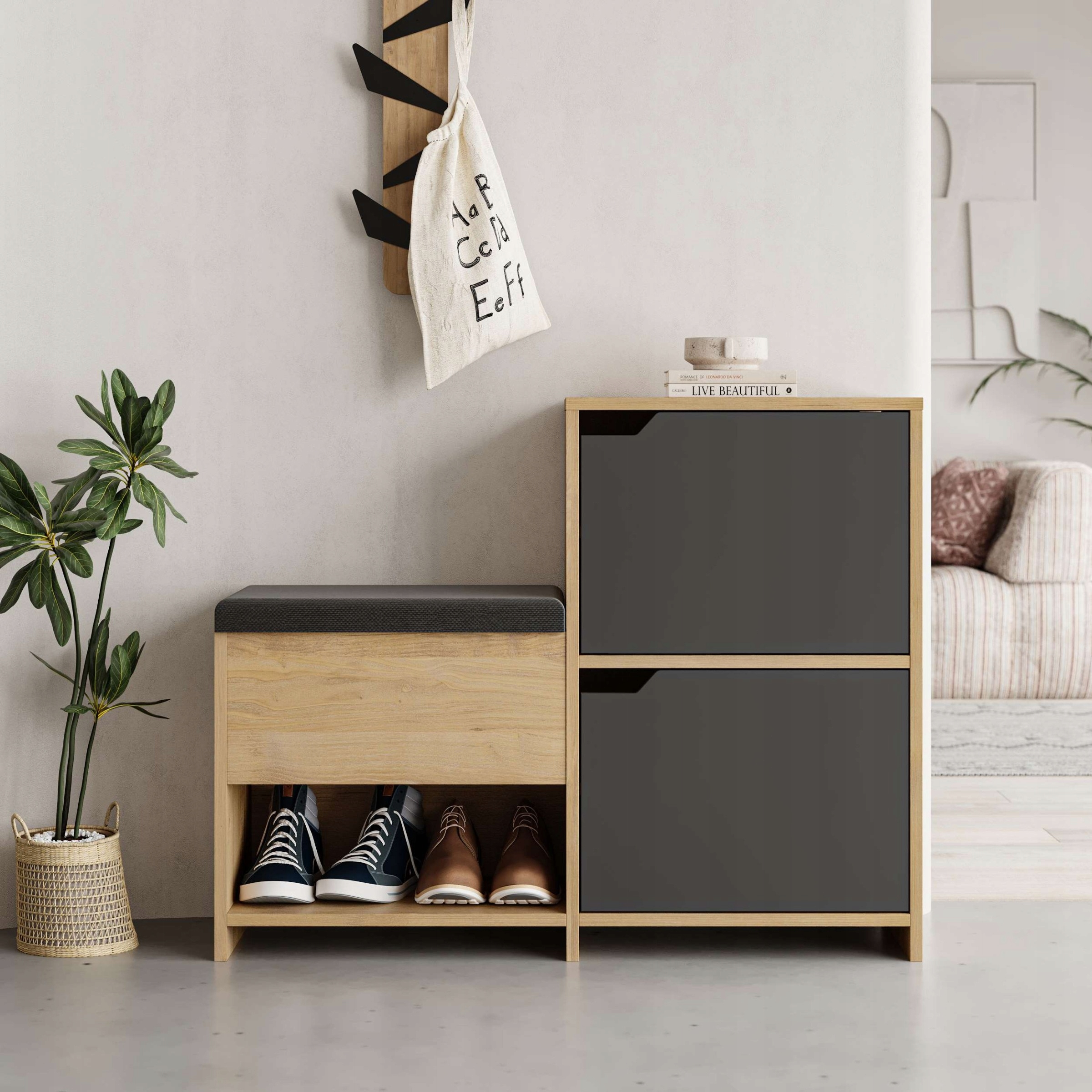 Botník s lavicou Houseland Haven dub zafírový/antracitovo šedý