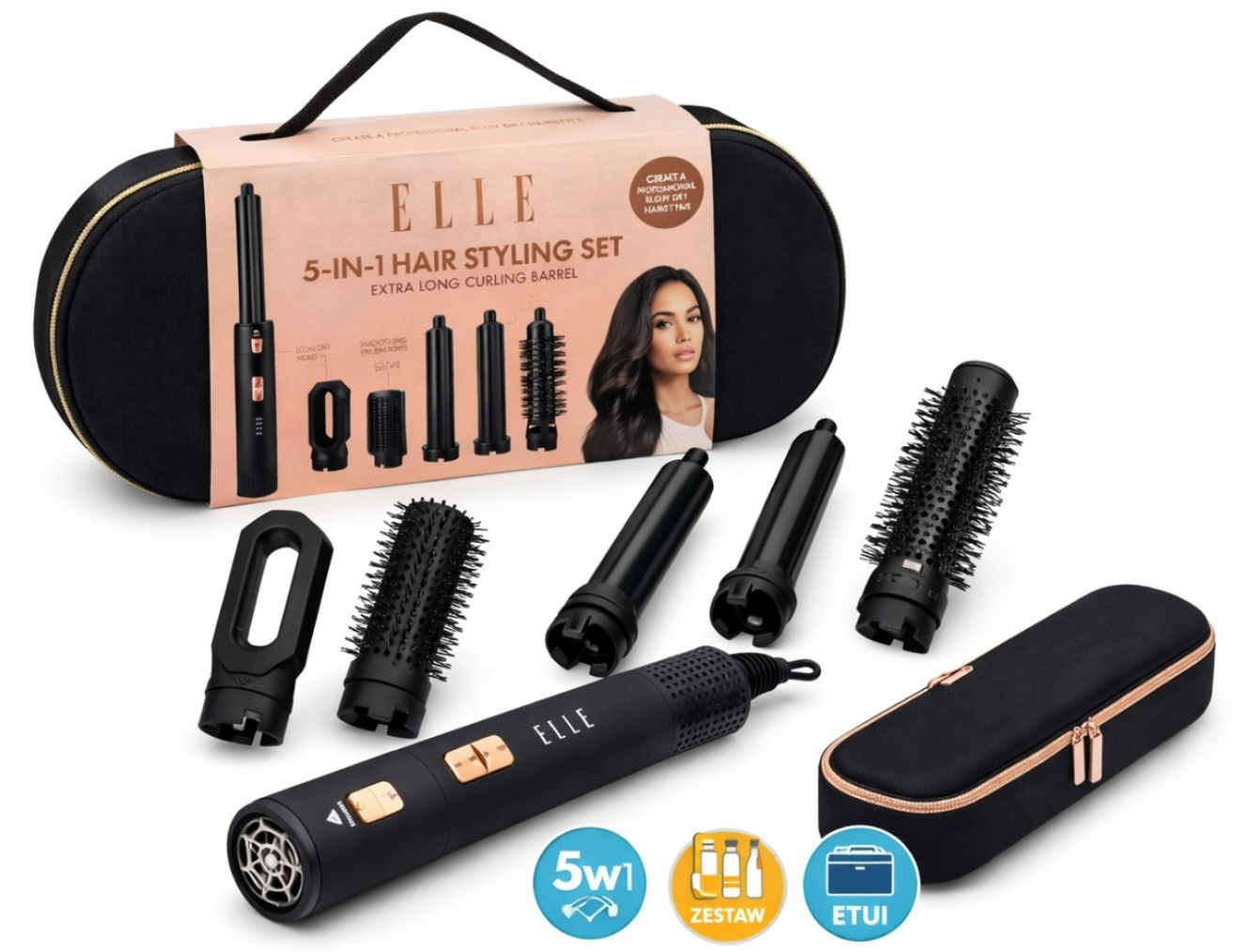 Lokówko-suszarka do włosów Elle 5w1wielofunkcyjna Nasadki 1200W
